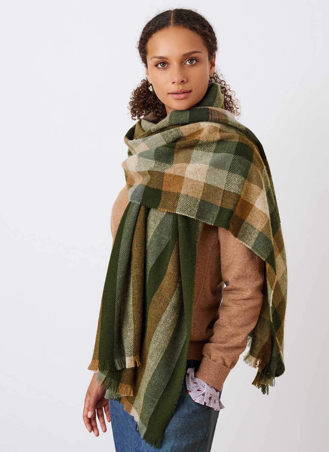 Otter Lichen Cashmere Stripe Check Stole Scarves Brora