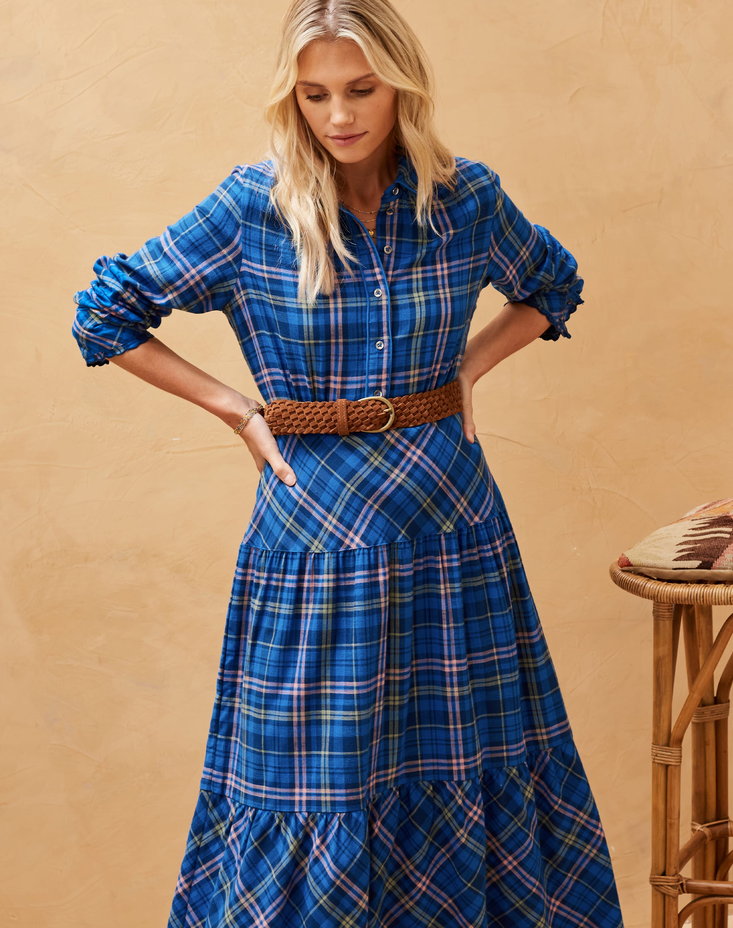 Brushed Cotton Check Tiered Dress Cobalt