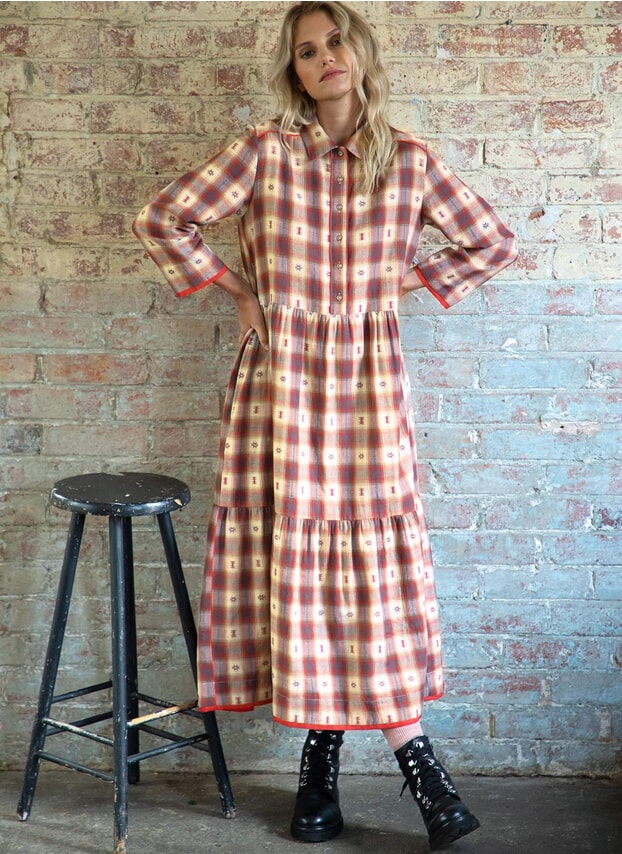 Oatmeal & hawthorn Cotton Folk Plaid Shirt Dress DD8254KM8223
