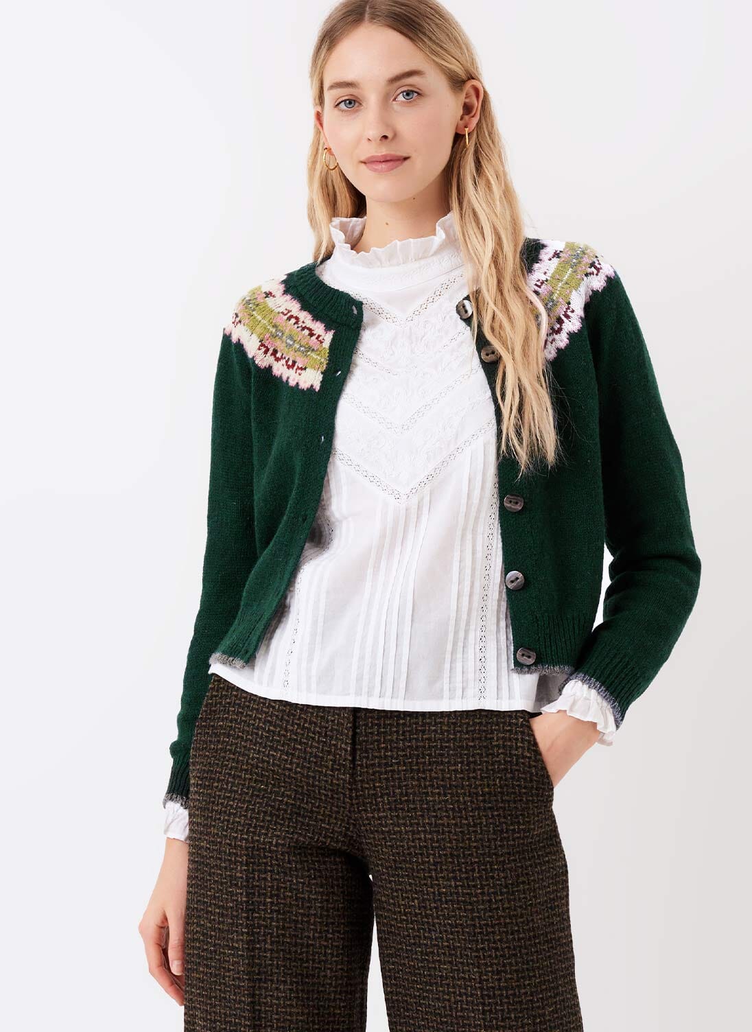 Women's Bottle Green Wool Fair Isle Yoke Cardigan Brora