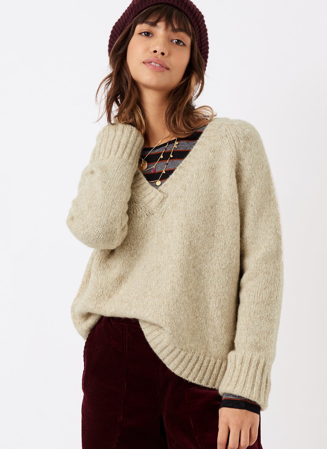 V-Neck Long Sleeve Alpaca Jumper - Burgundy