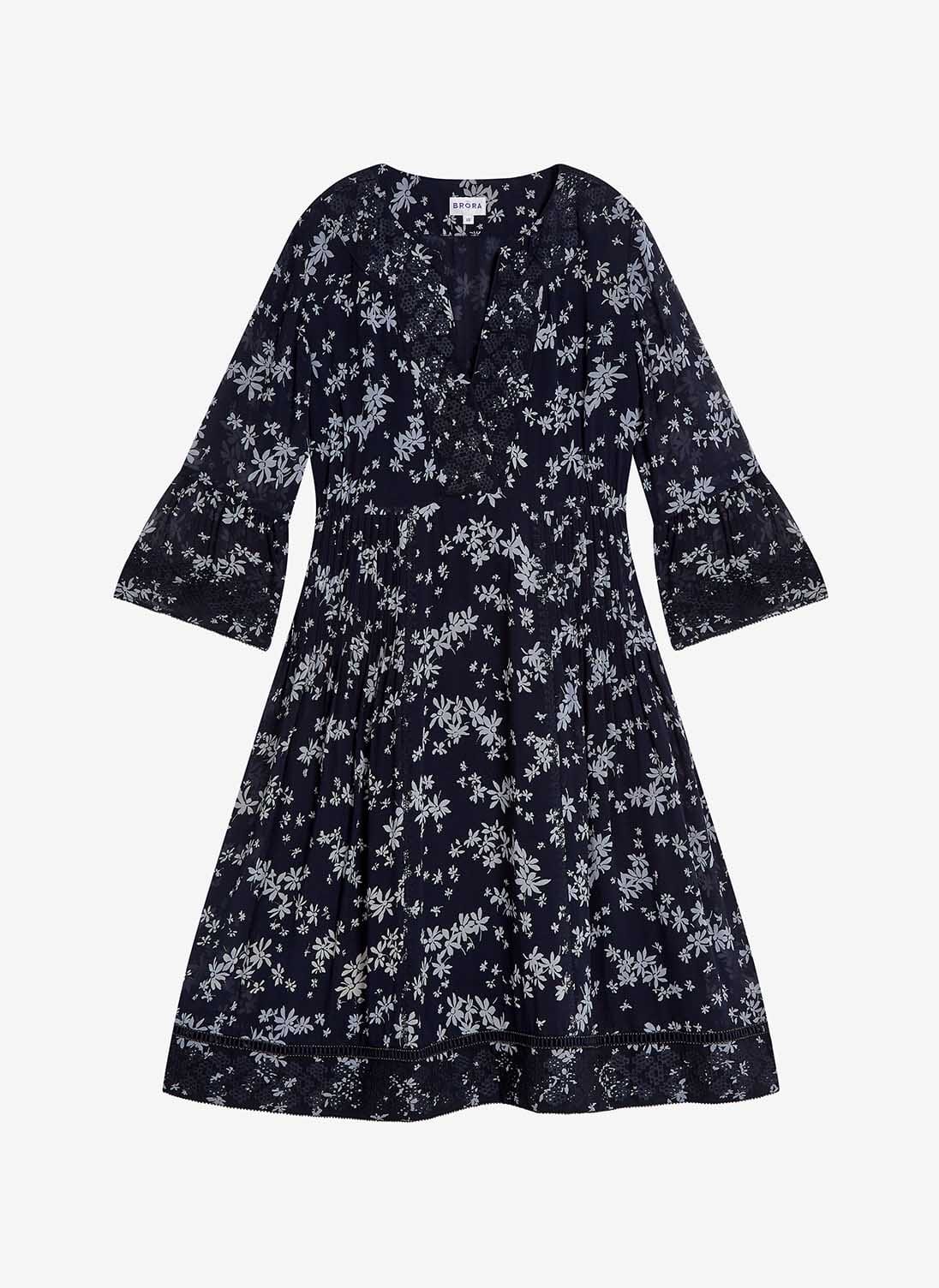 Embroidered Silk Dress in Navy & Foam | Women's Dresses | Brora