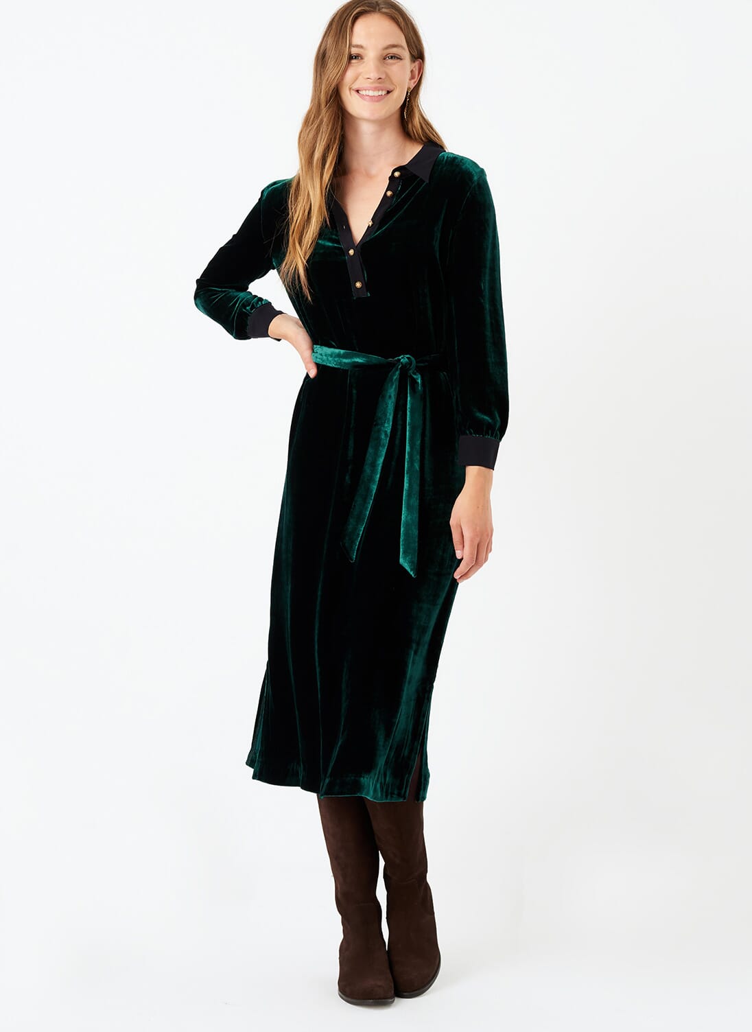 Silk Velvet Shirt Dress in Bottle Green Women s Dresses Brora