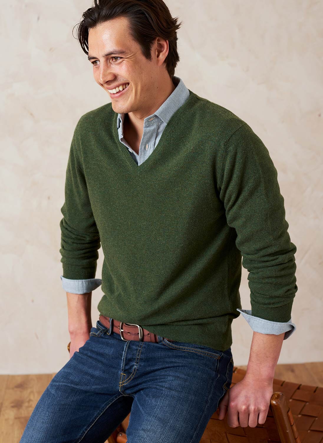 Brora Cashmere Fine V Neck Jumper Tarragon