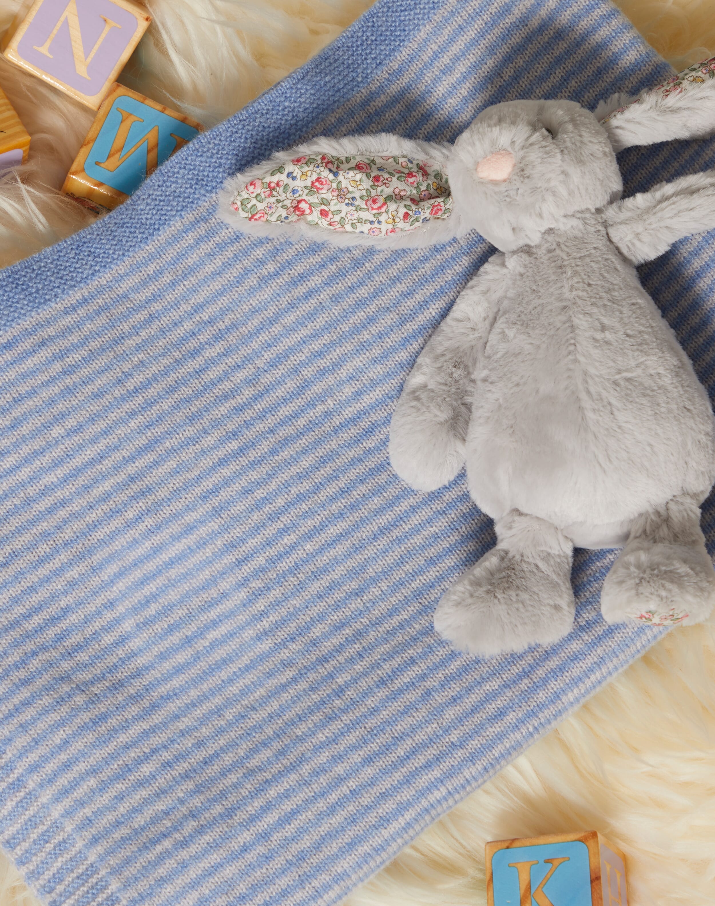 Cashmere Knitted Baby Blanket Pale Blue & Pearl