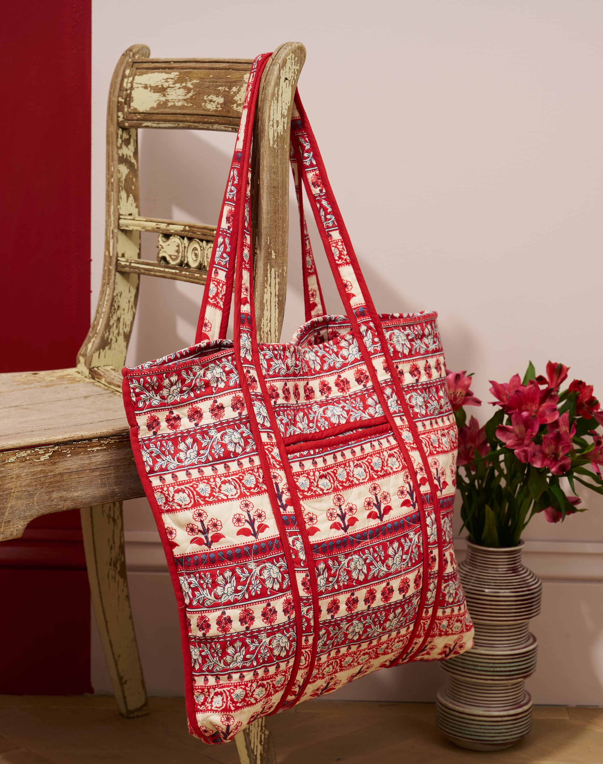 Brora Cotton Block Print Quilted Tote Bag Cherry