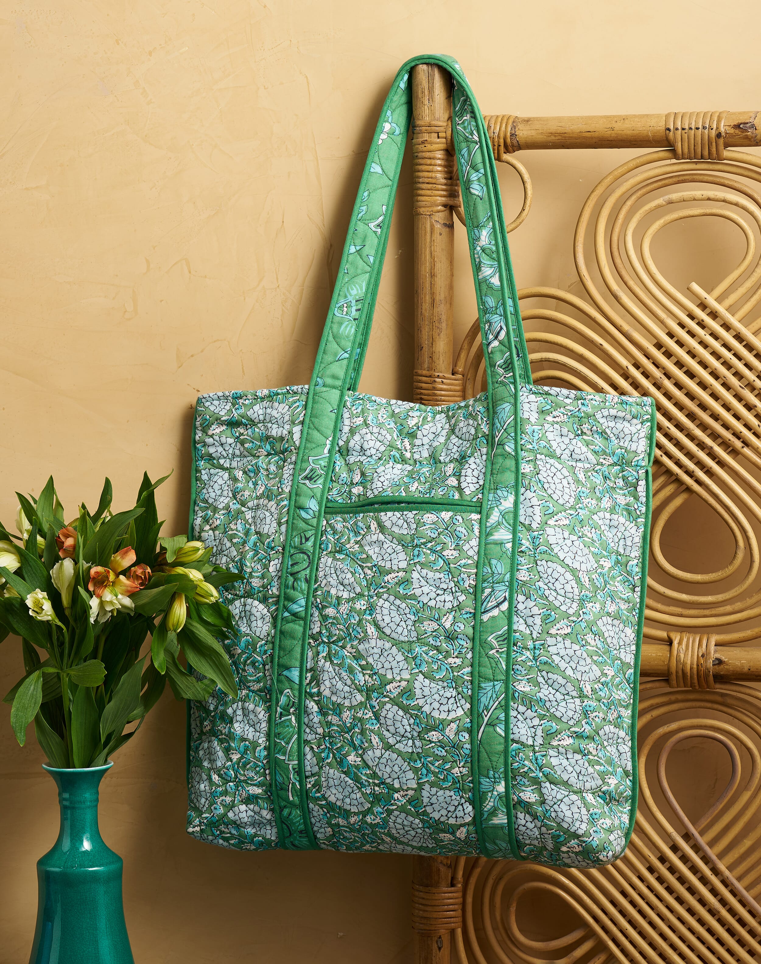 Cotton Block Print Quilted Tote Bag Apple