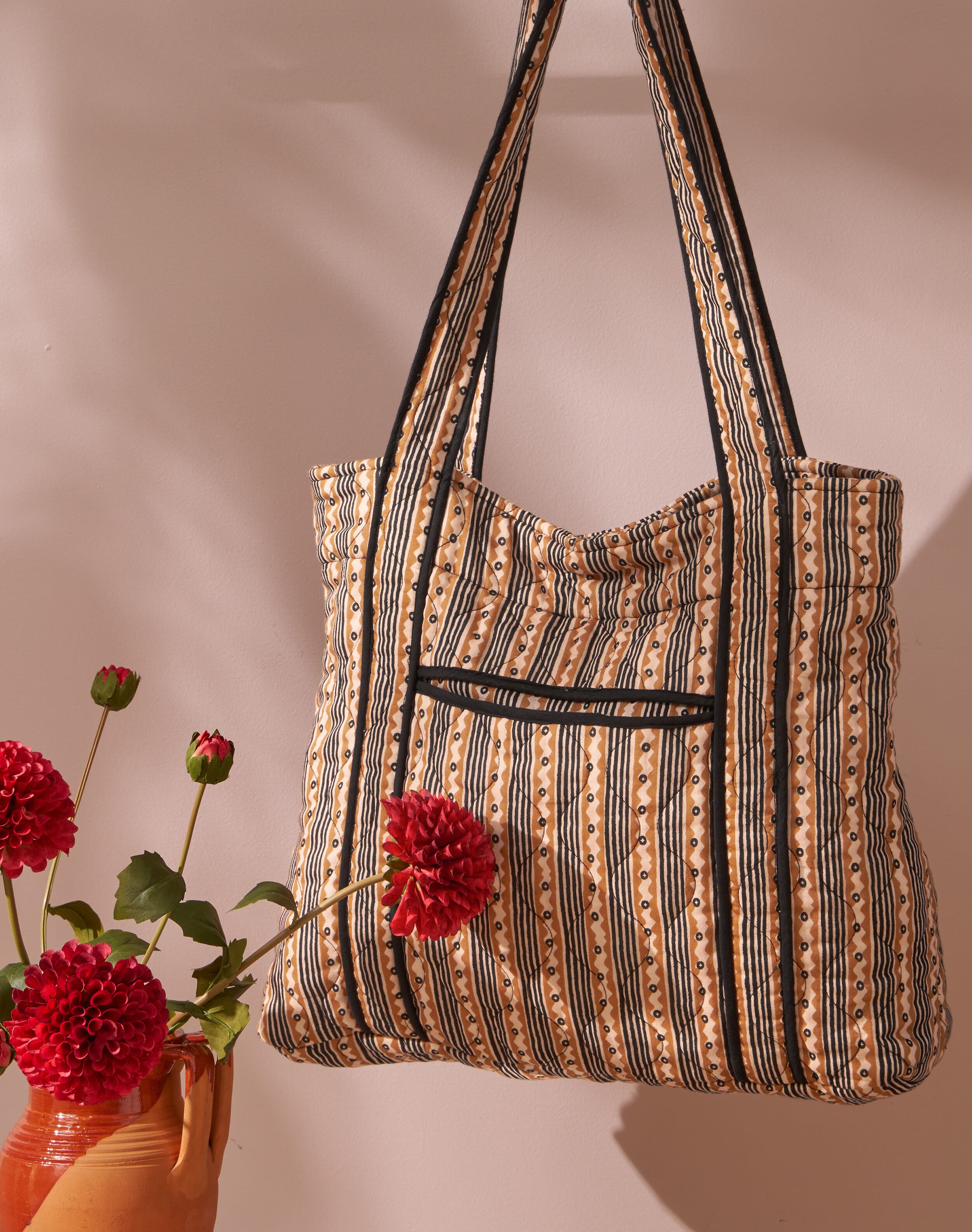 Brora Quilted Cotton Stripe Tote Bag Caramel & slate