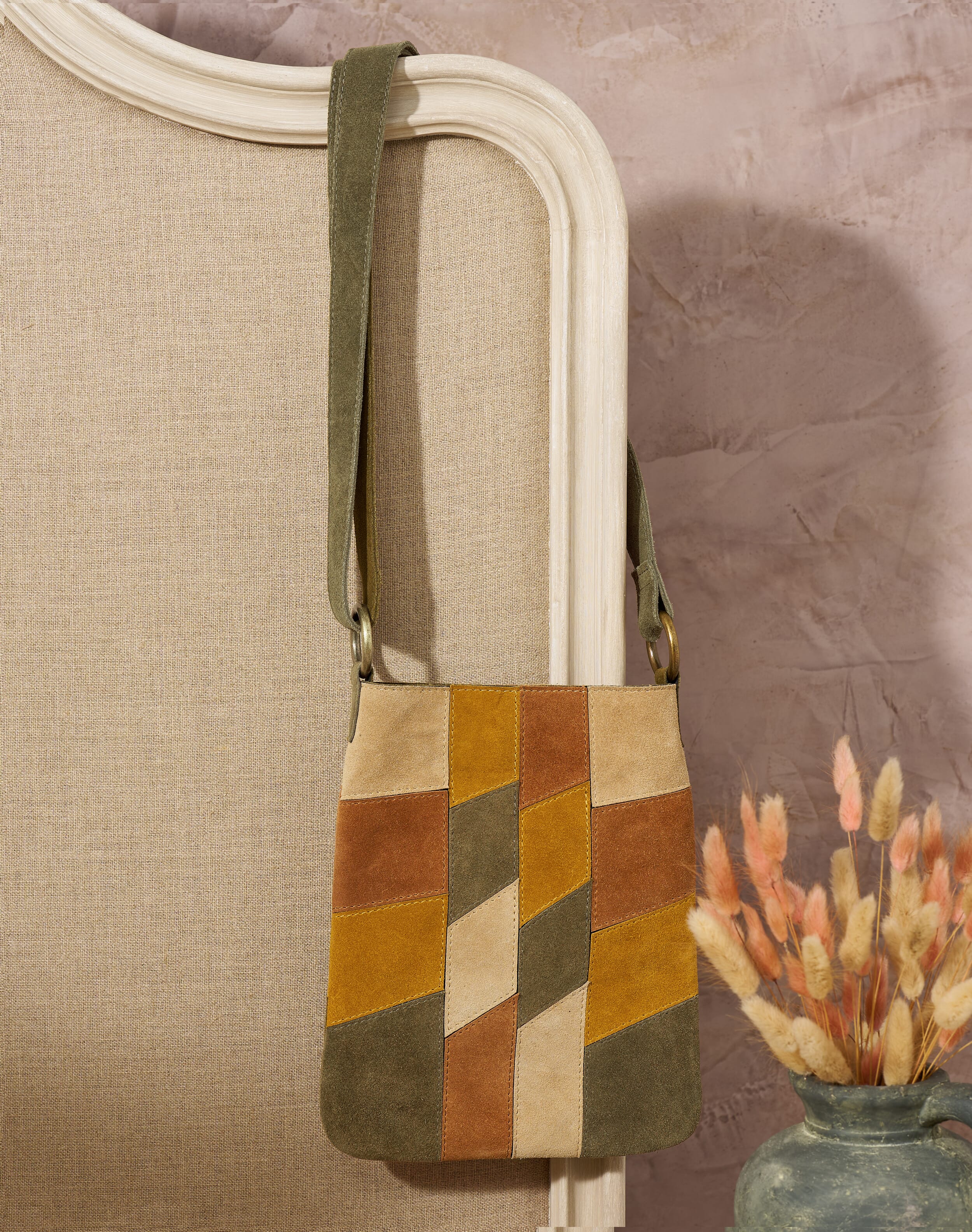 Brora Suede Patchwork Cross Body Bag Olive ochre