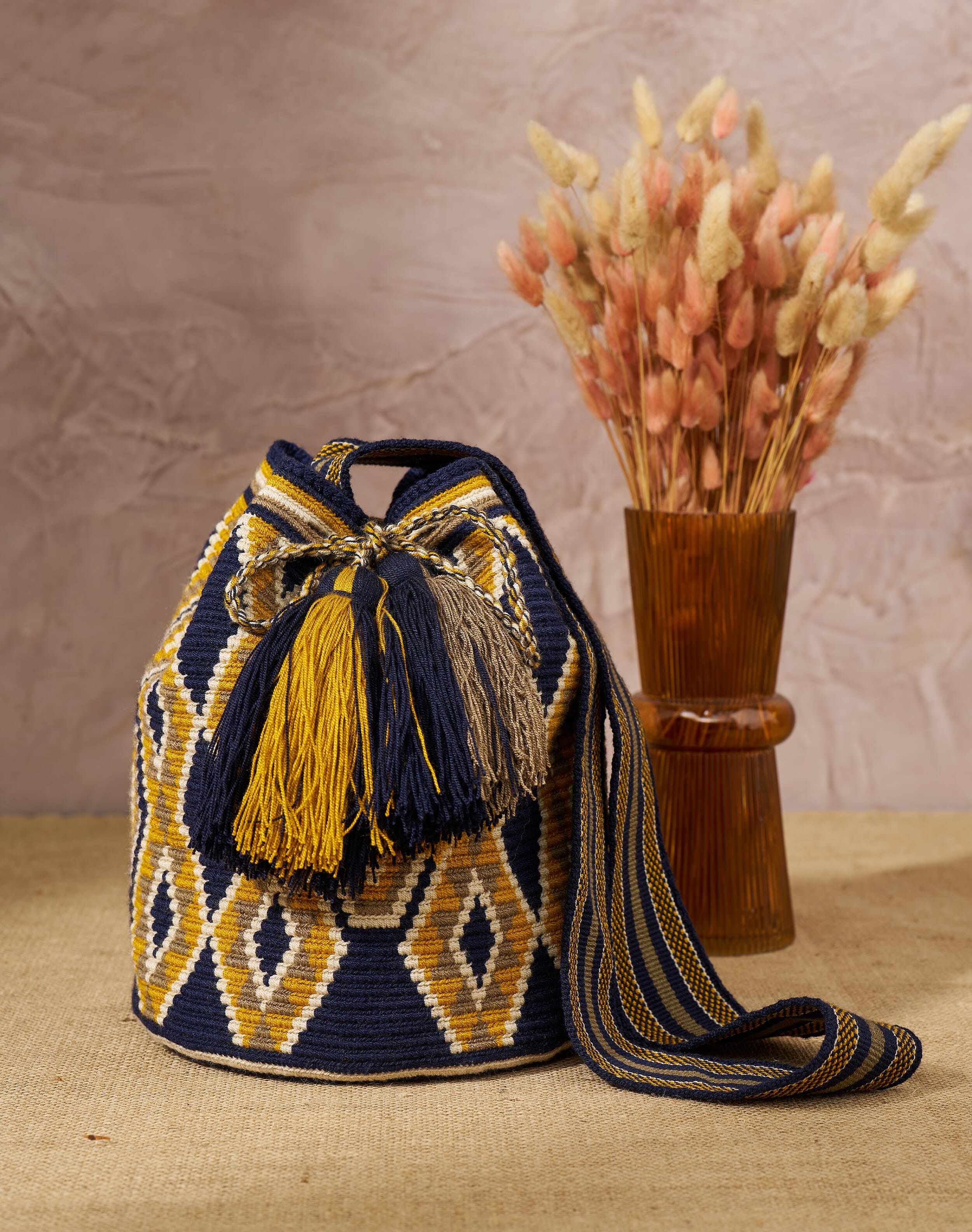 Hand Woven Folk Tassel Bag ochre