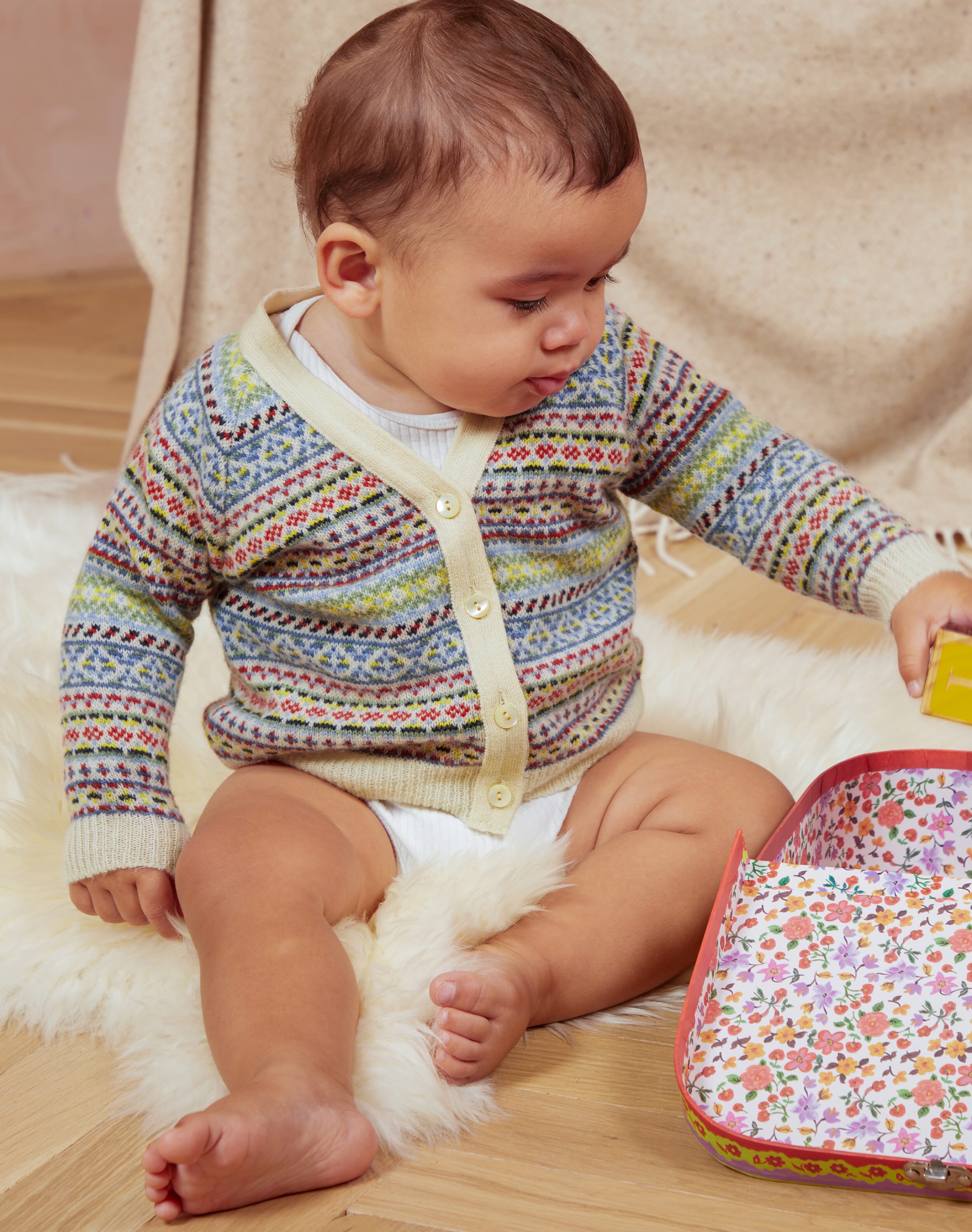 Brora Cashmere Fair Isle Cardigan Winter White  - Size: 0-3 M