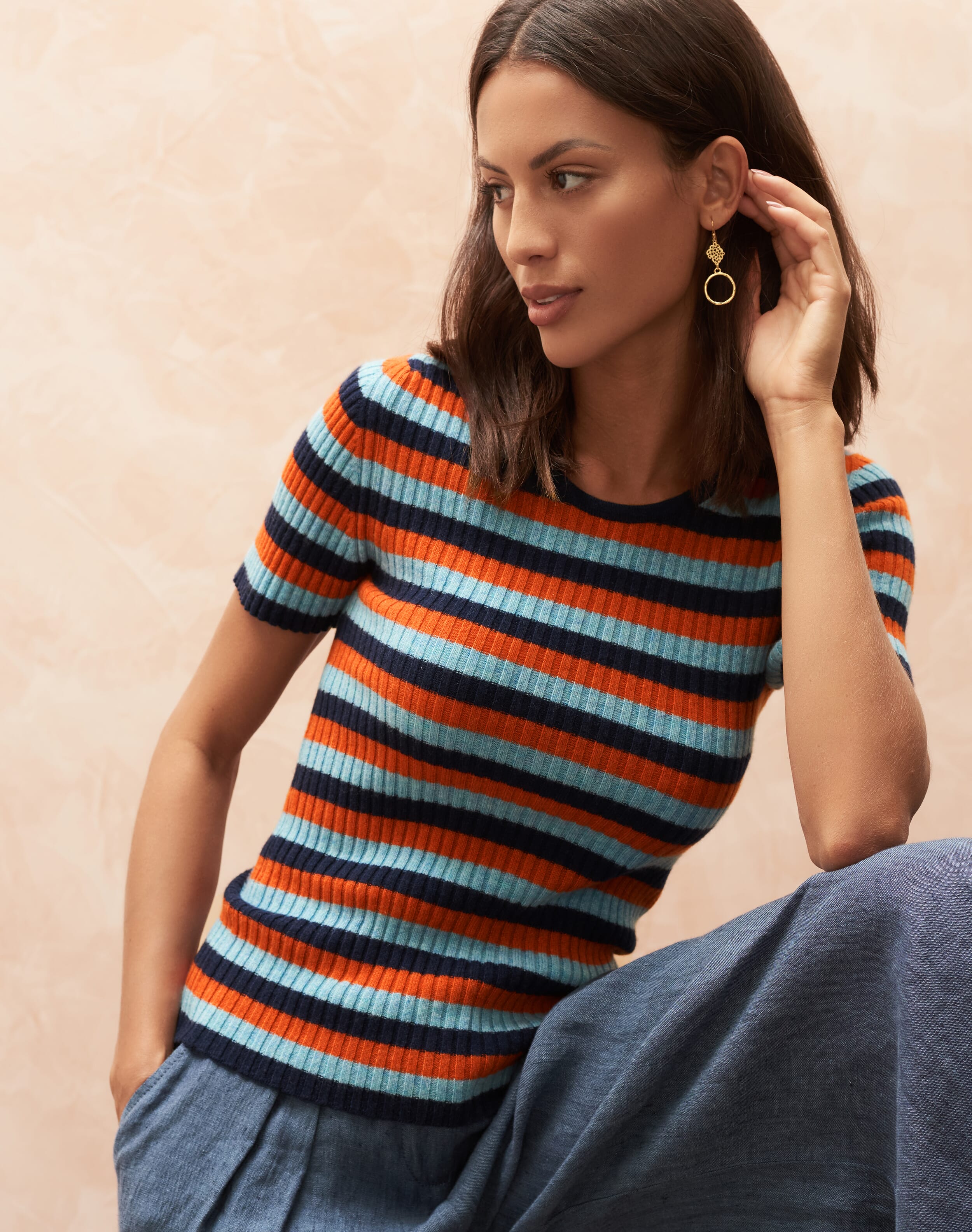 Cashmere Ribbed Stripe Jumper French Navy
