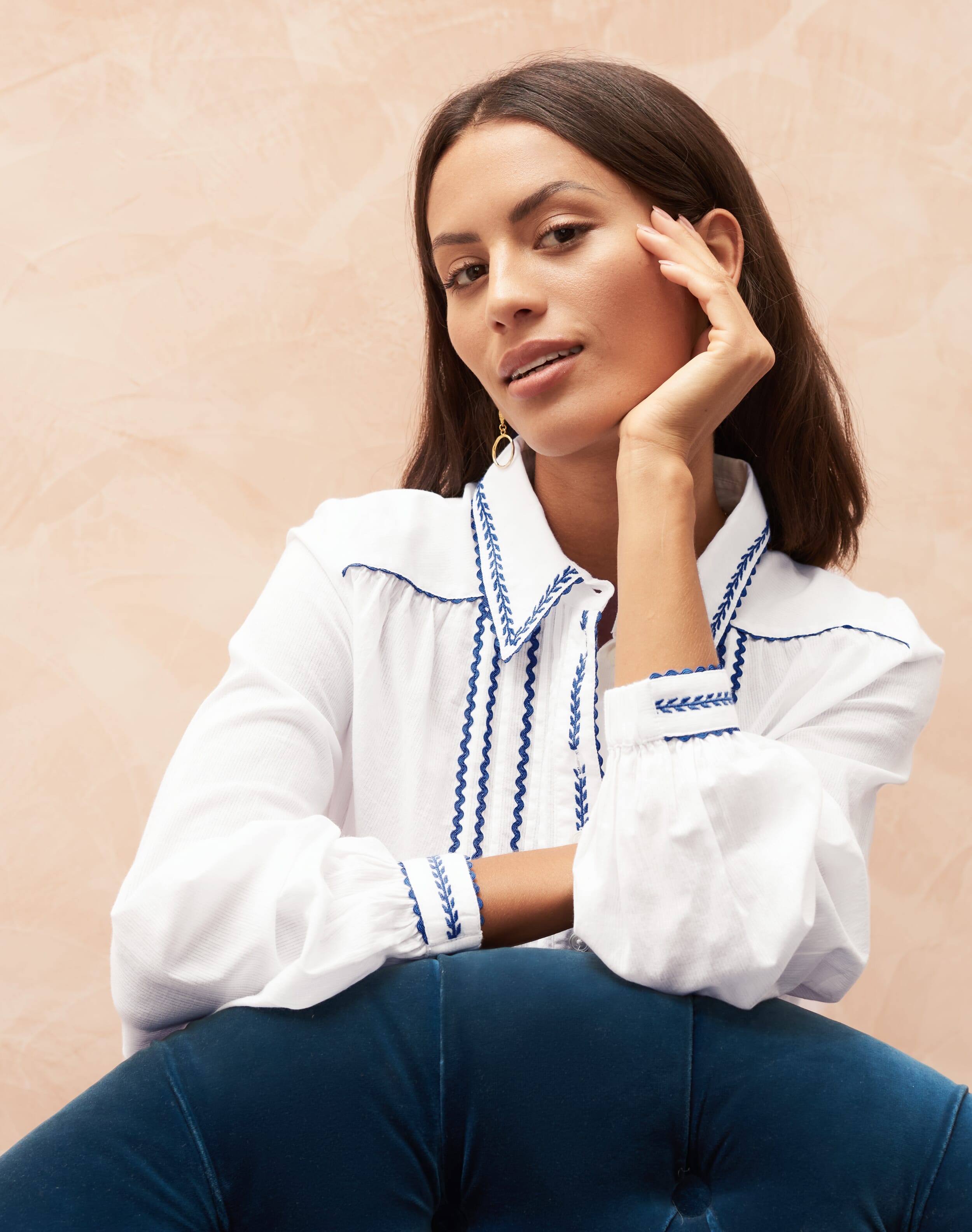 Organic Cotton Ric Rac Shirt in White & Cobalt Blouses Brora