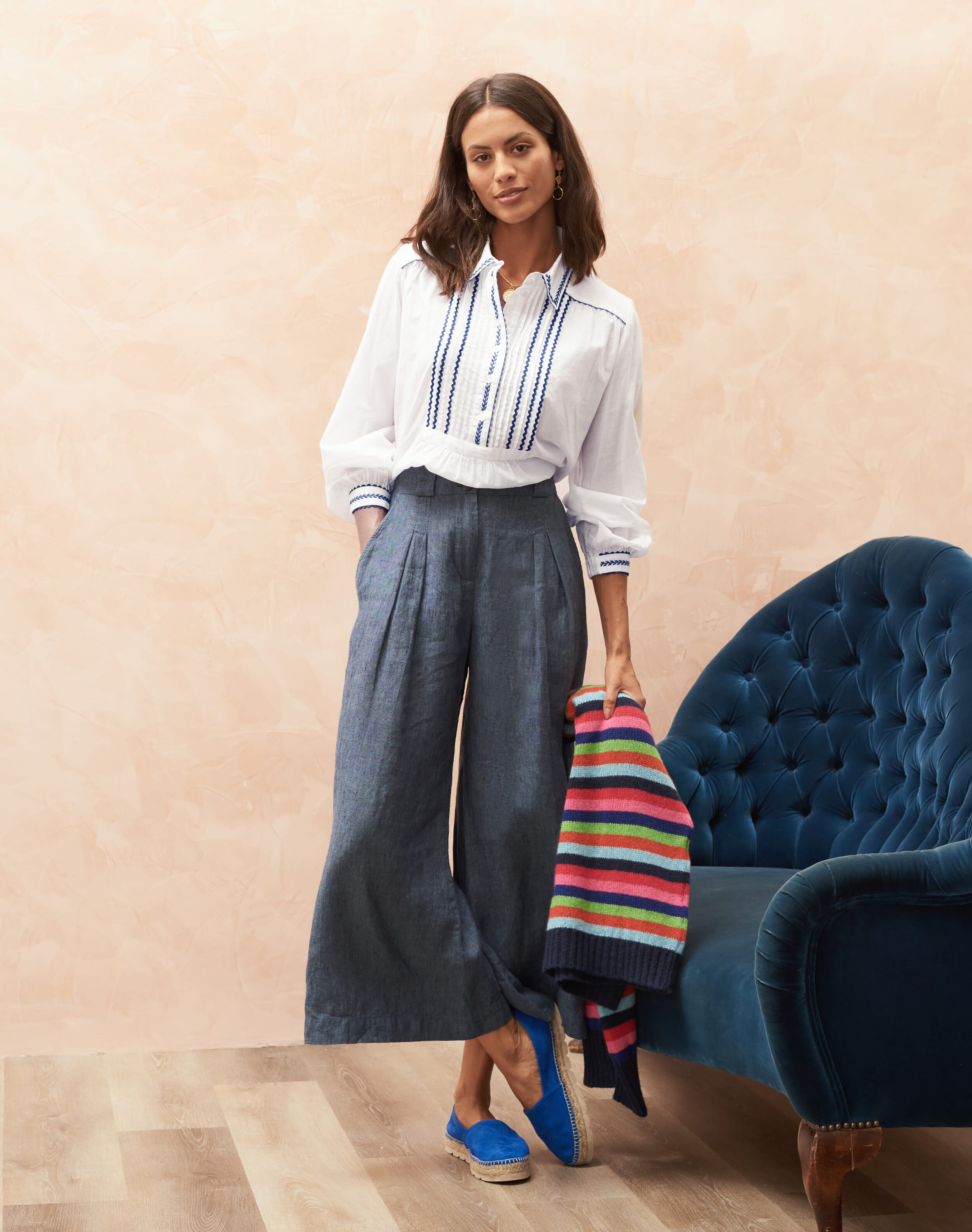 Organic Cotton Ric Rac Shirt in White & Cobalt Blouses Brora