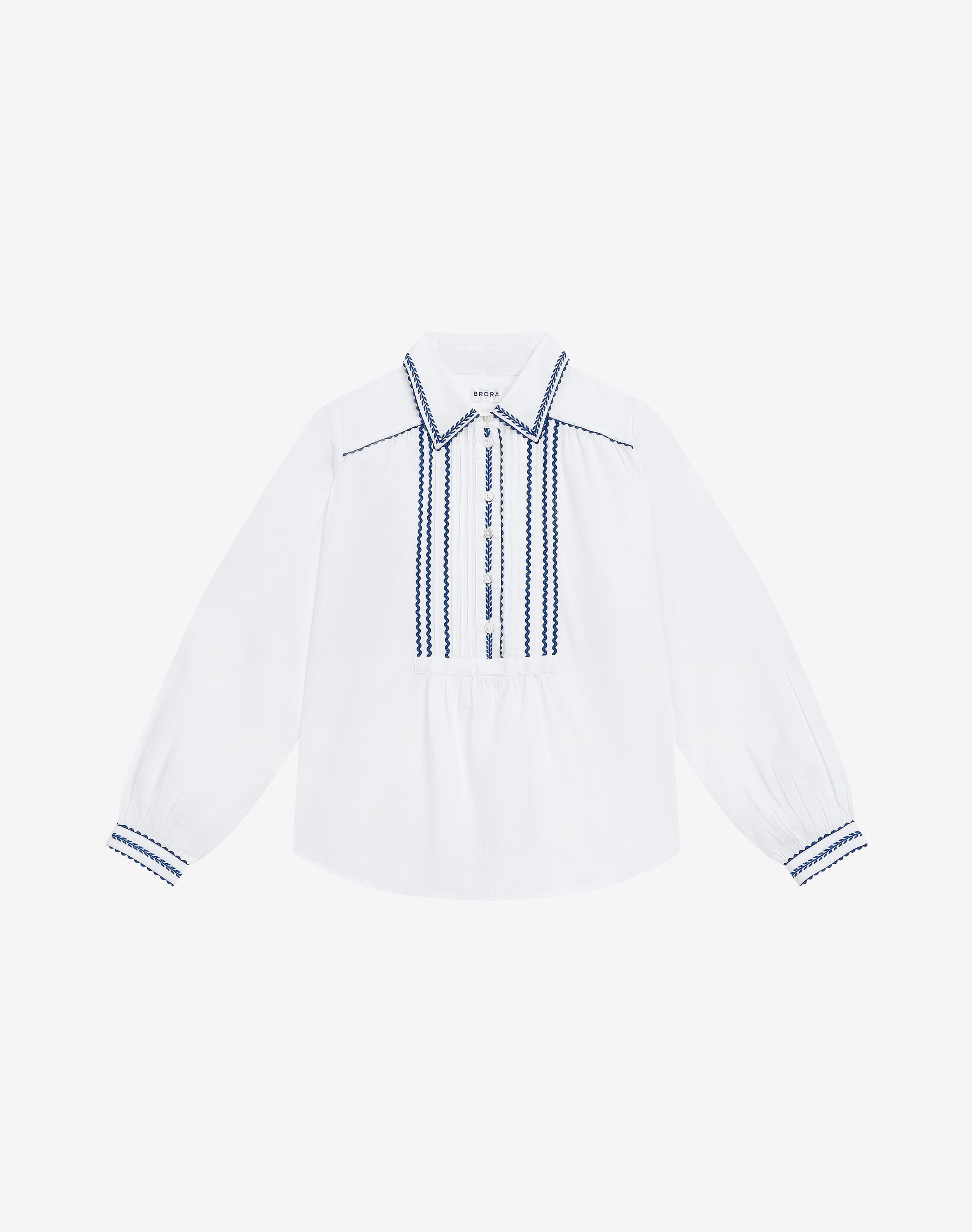 Organic Cotton Ric Rac Shirt in White & Cobalt Blouses Brora