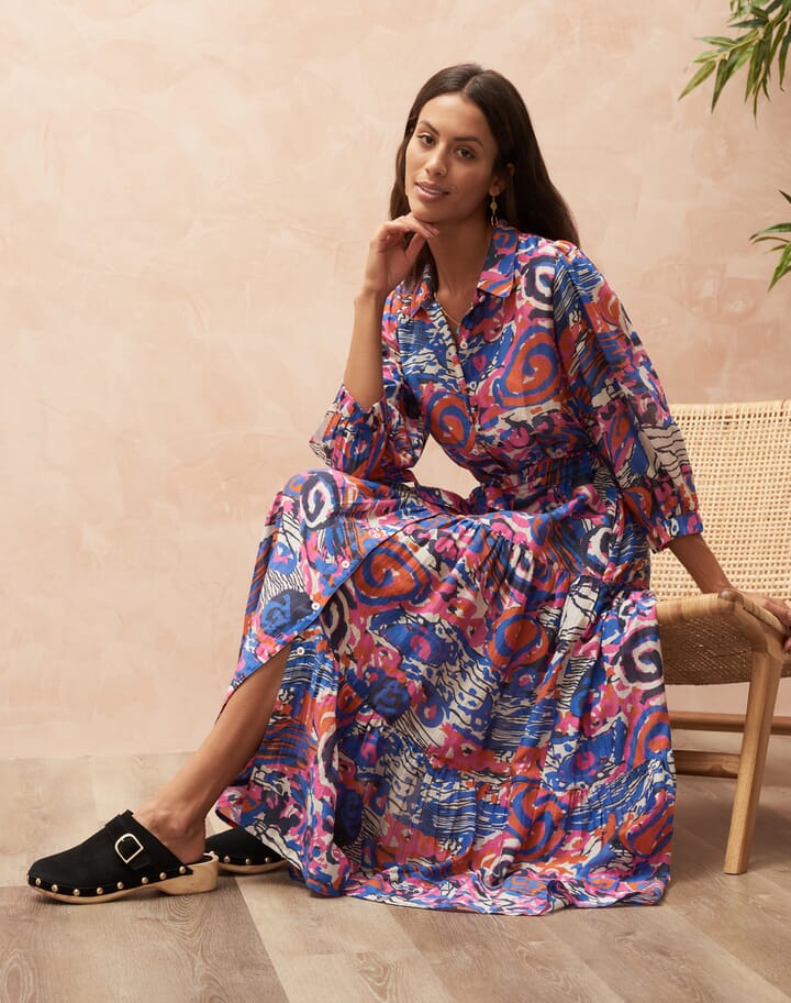 Silk Cotton Waterfall Print Dress in Fuchsia & cobalt | Brora