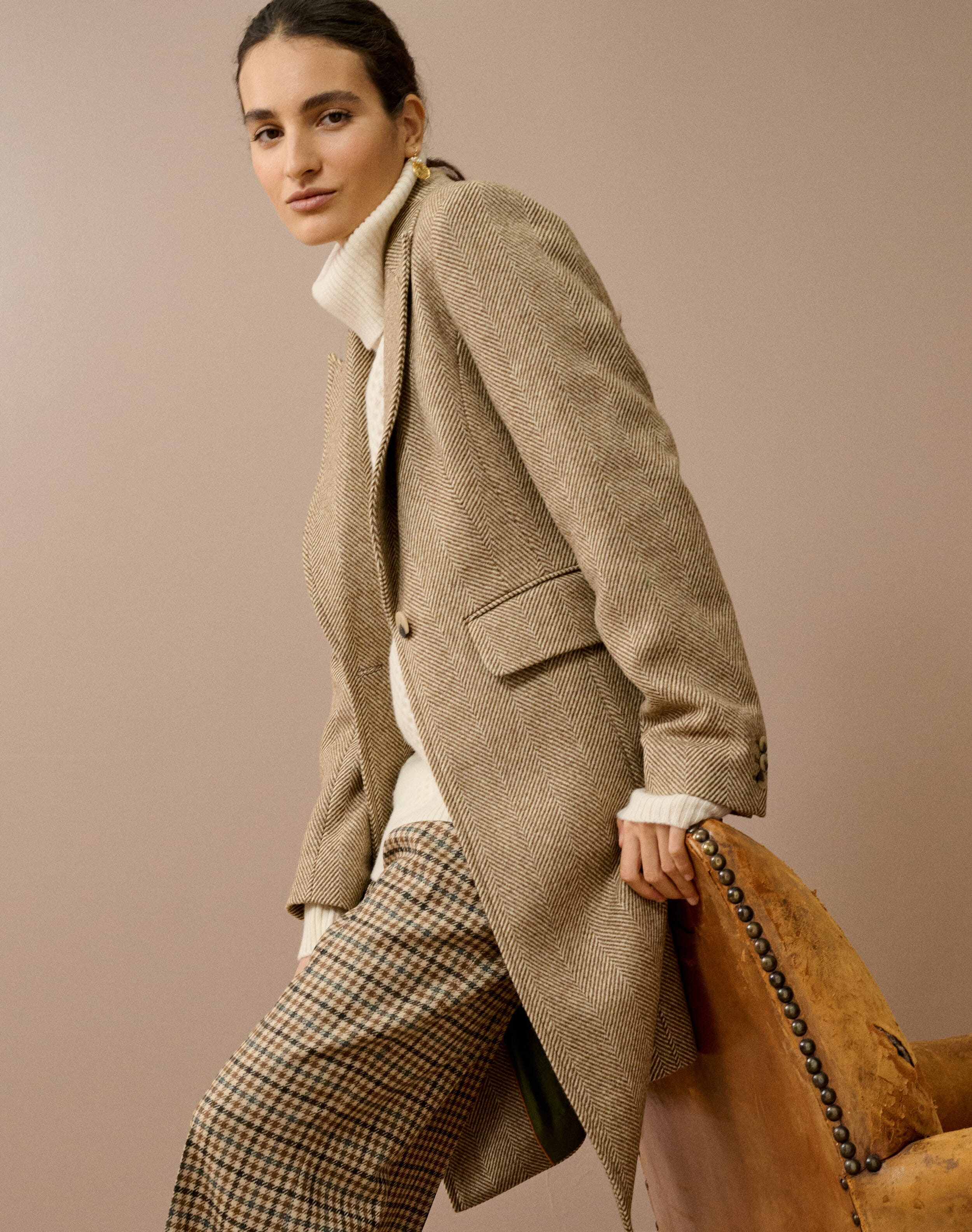 Brora Herringbone Wool Tailored Coat Walnut
