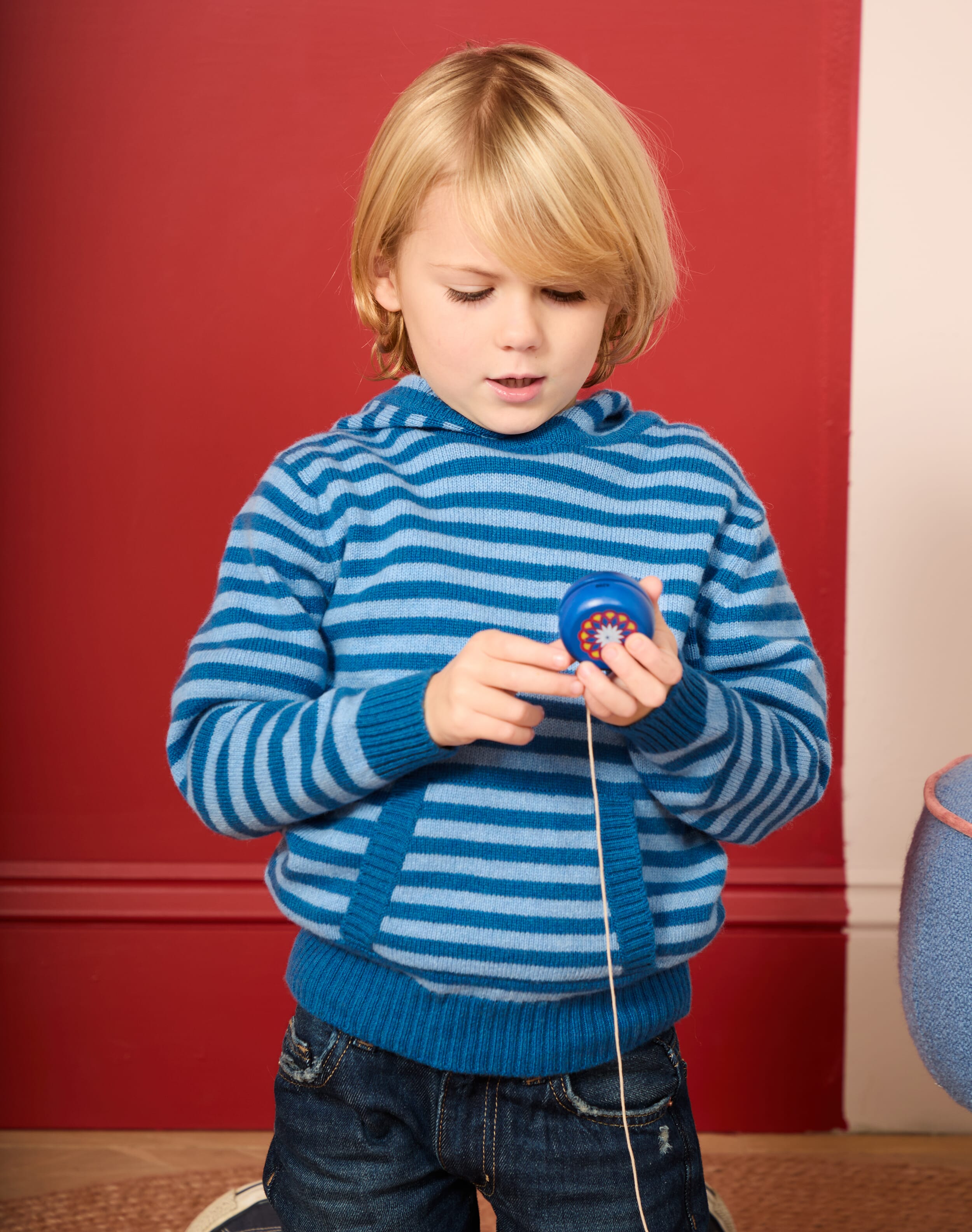 Brora Cashmere Stripy Hoody China blue & sky blue  - Size: 5-6 Y