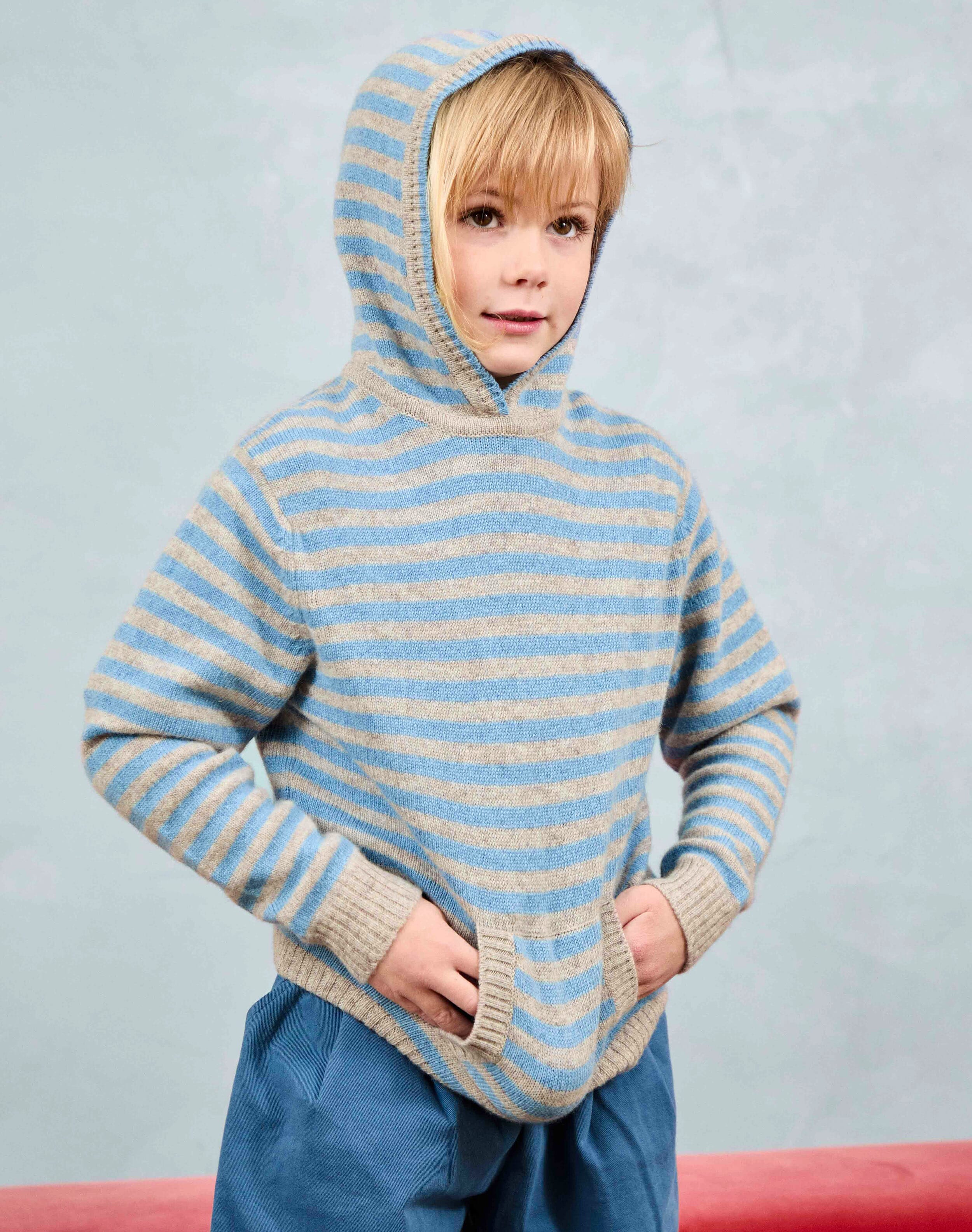 Brora Cashmere Stripy Hoody Ash & wedgewood