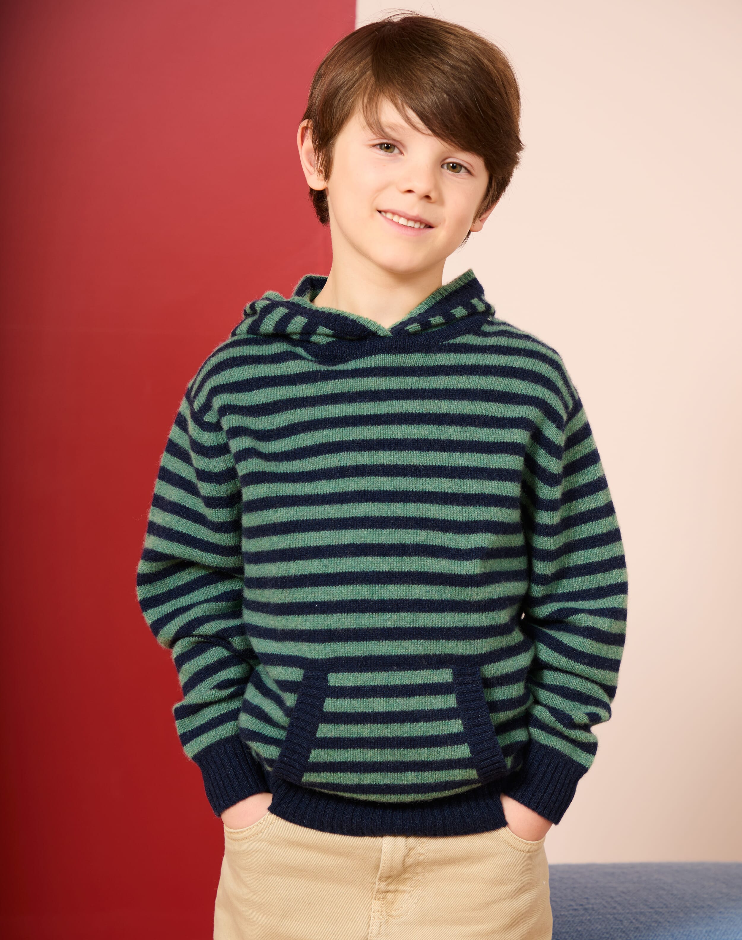 Brora Cashmere Stripy Hoody French navy & thyme  - Size: 11-12 Y