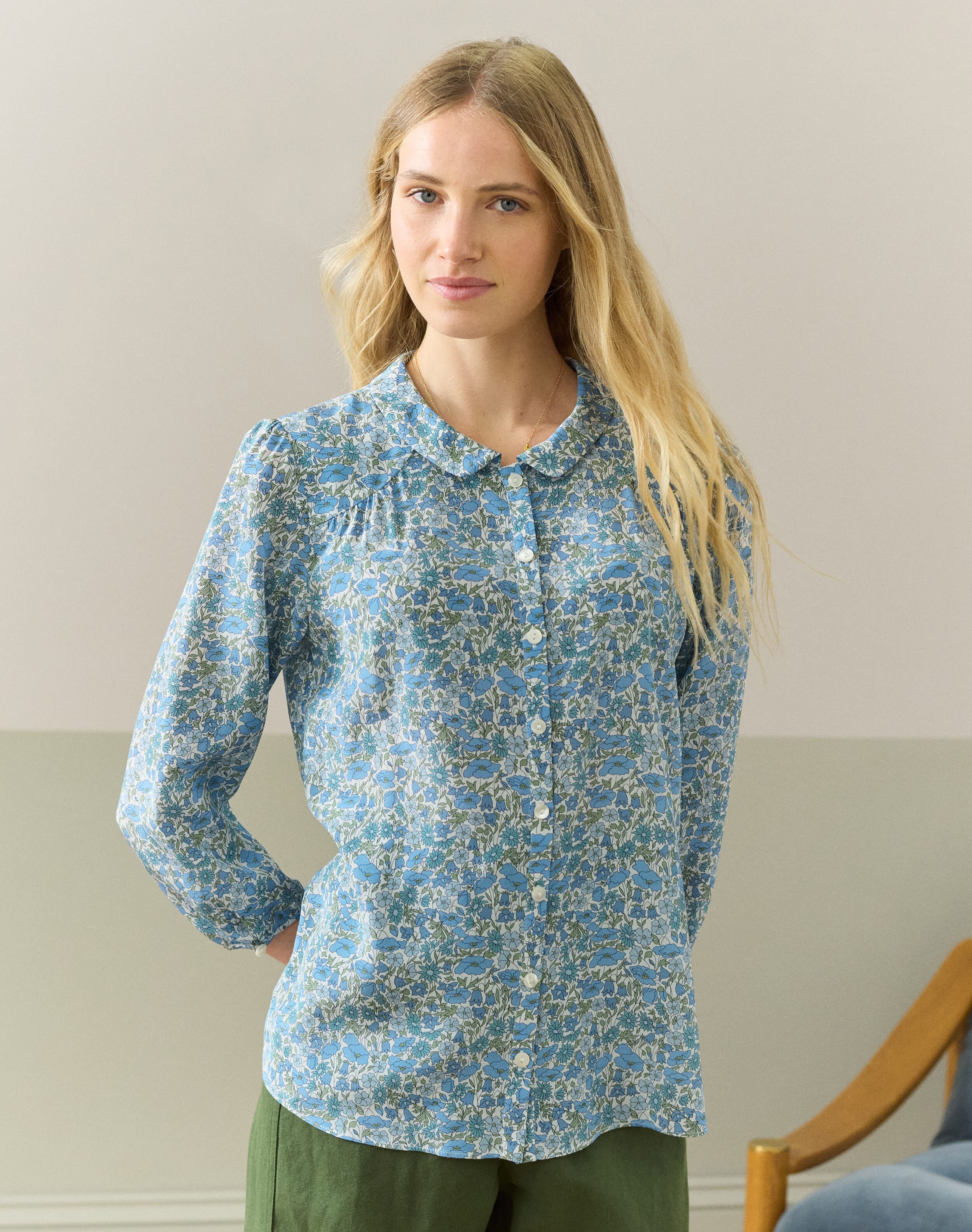 Brora Liberty Print Silk Peter Pan Blouse Cornflower bouquet