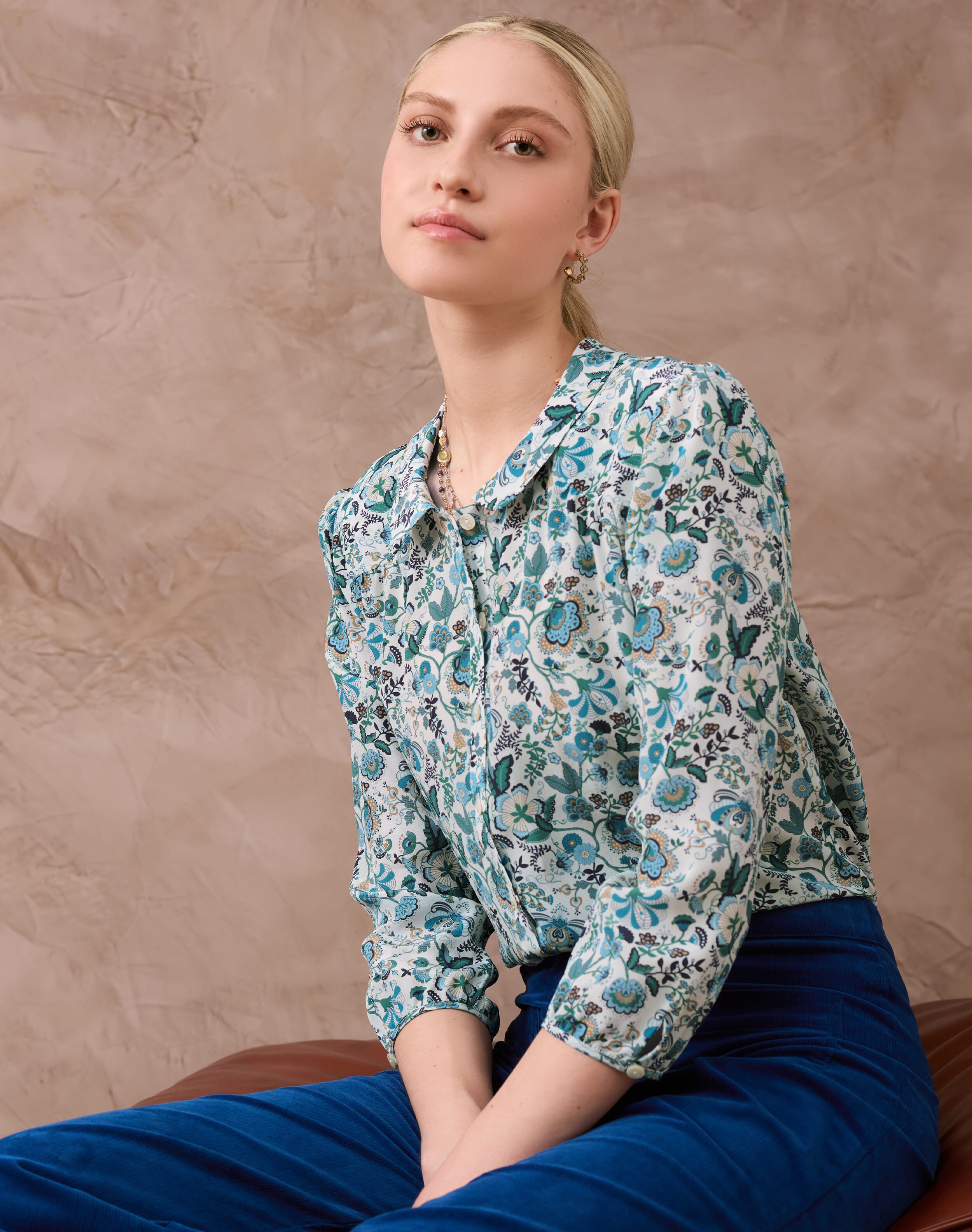 Liberty Print Silk Peter Pan Blouse Sky vine