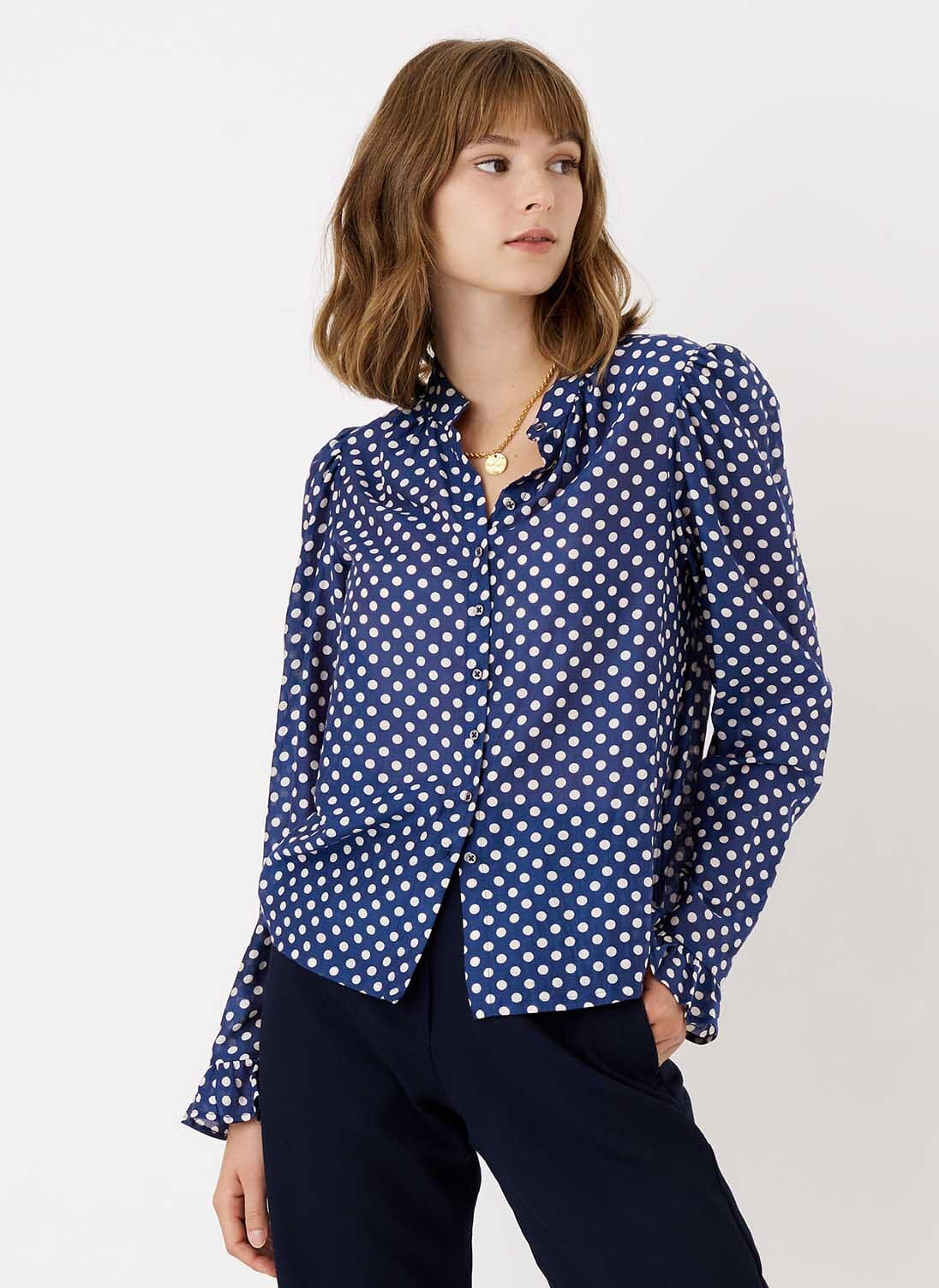 Navy Women's Polka Dot Silk Cotton Blouse | Brora UK