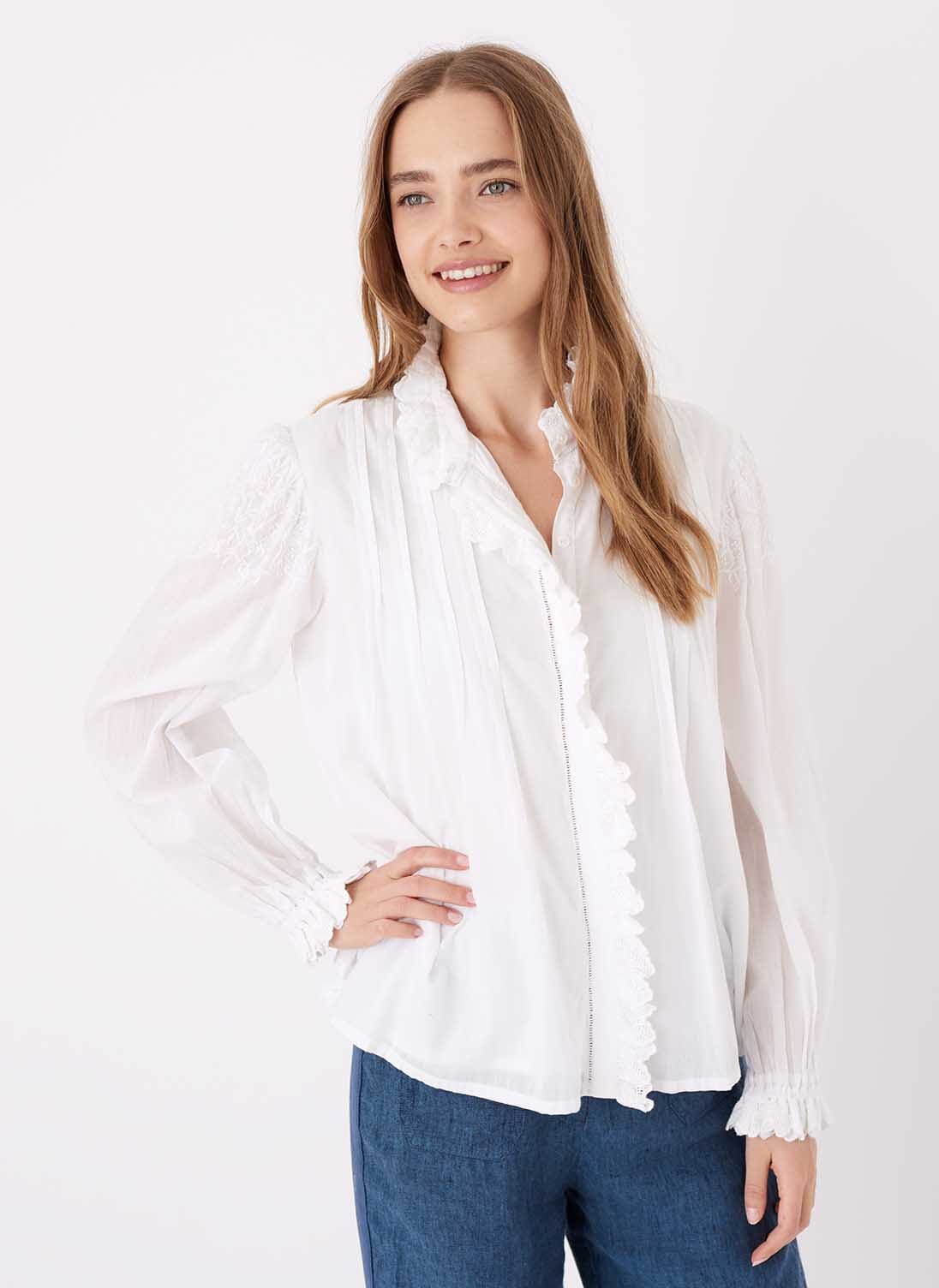 White Women's Embroidered Organic Cotton Blouse Brora UK