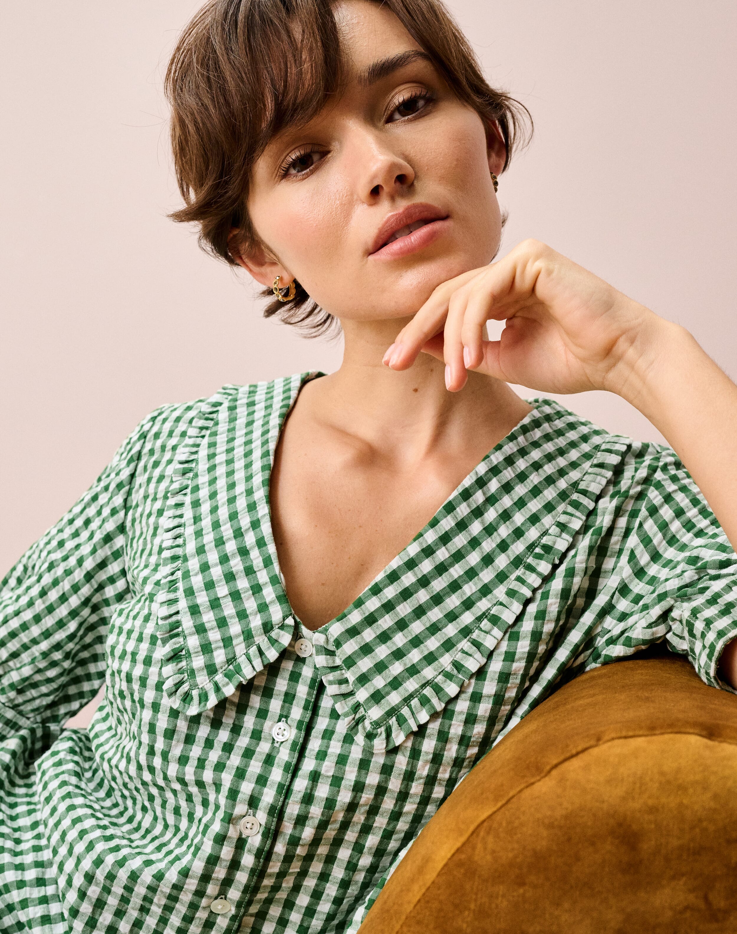 Brora Cotton Gingham Chelsea Collar Blouse Nettle  - Size: 10