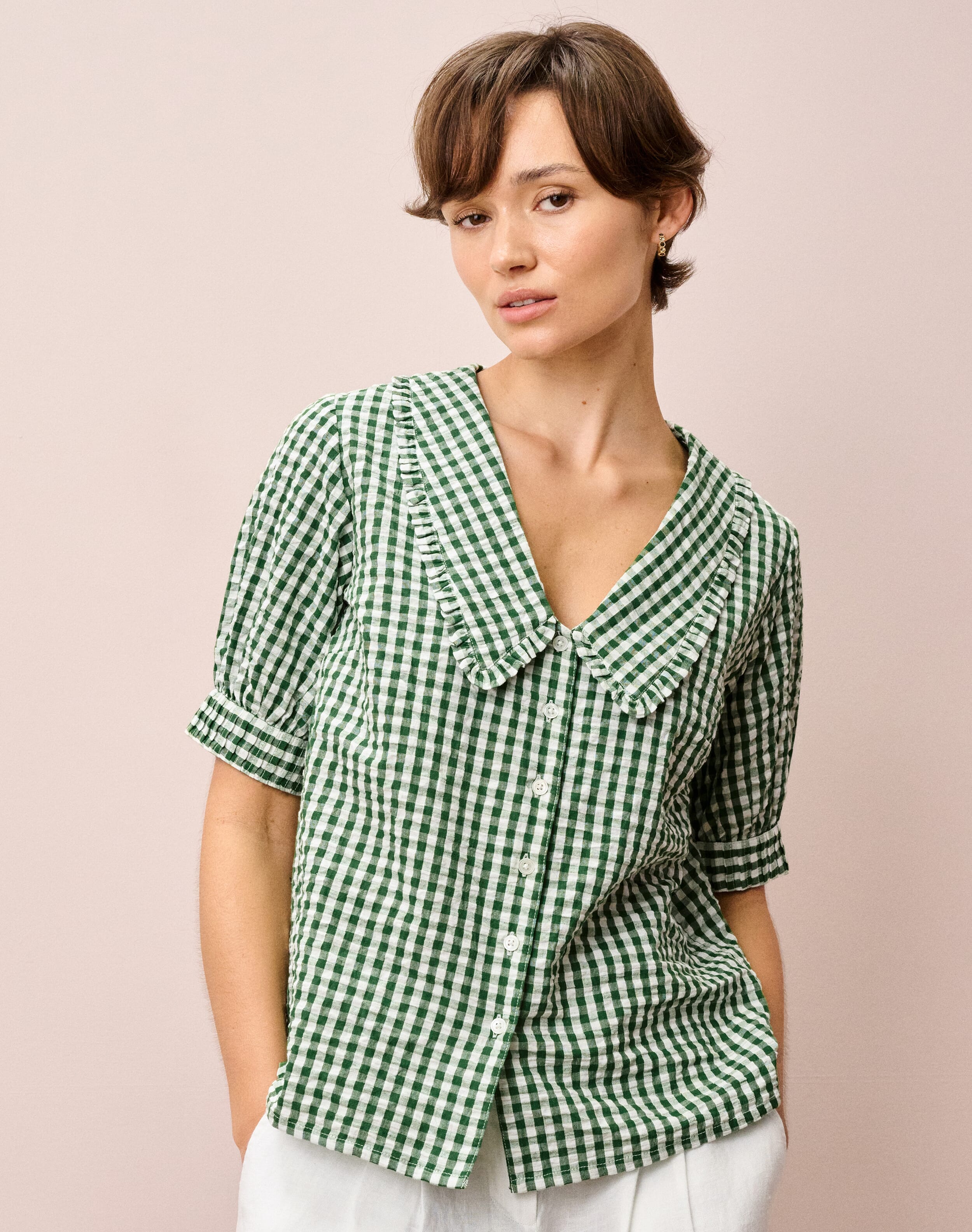 Cotton Gingham Chelsea Collar Blouse in Nettle | Brora Sale