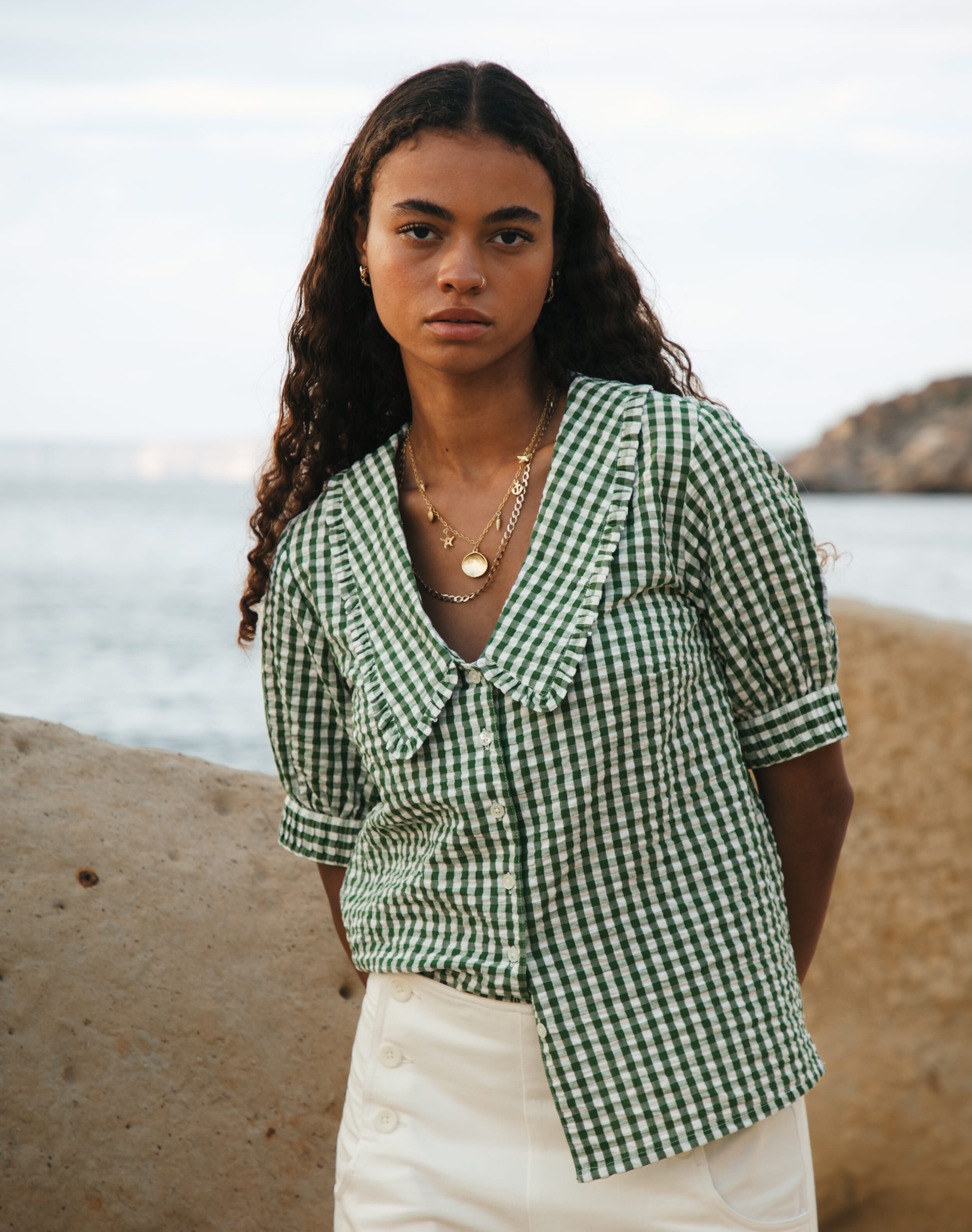 Cotton Gingham Chelsea Collar Blouse in Nettle | Womenswear
