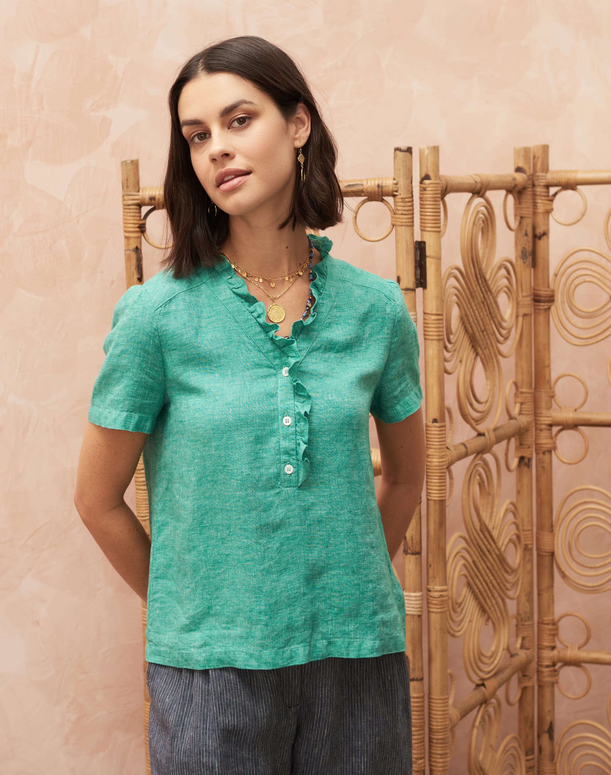 Cross Dye Linen Frill Shirt Jade