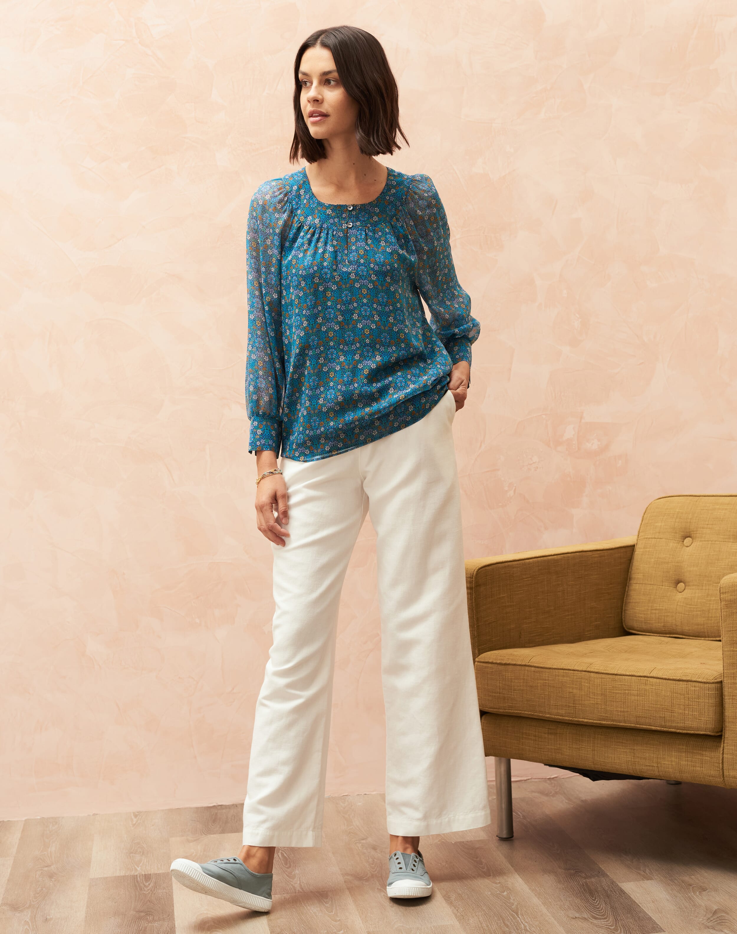 Liberty Print Silk Chiffon Blouse in Turquoise Meadow Brora