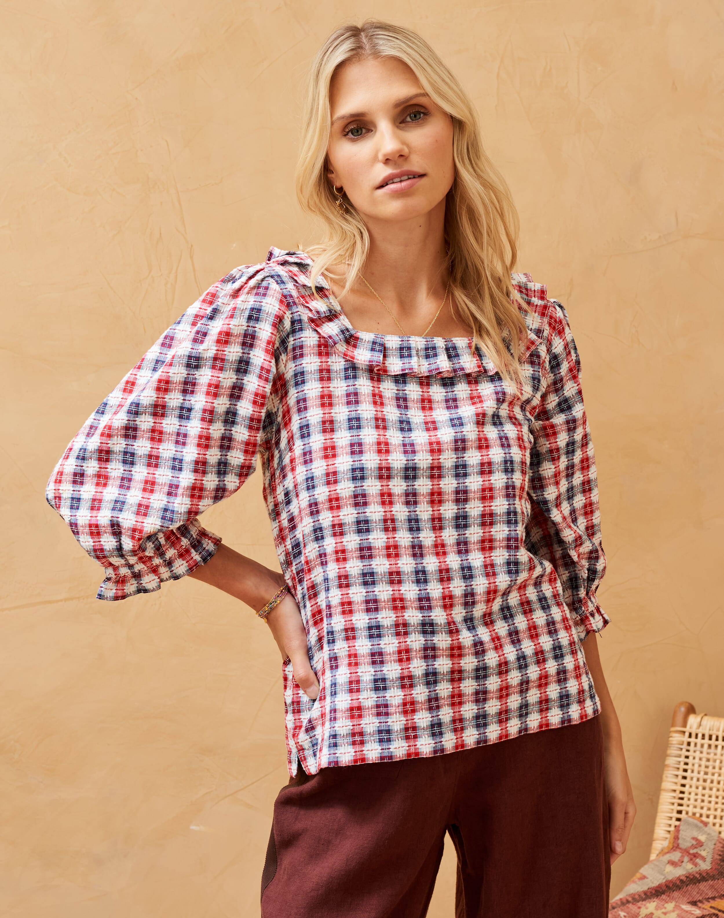 Cotton Check Embroidered Blouse Ruby