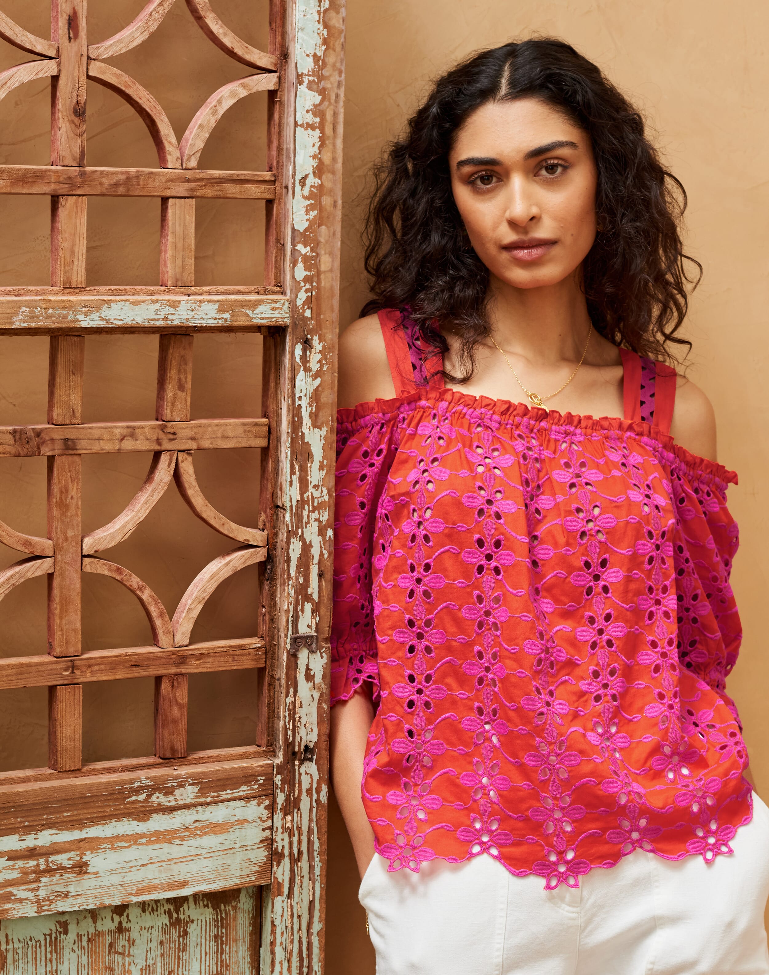 Brora Cotton Two Tone Embroidered Sun Top Fuchsia flame