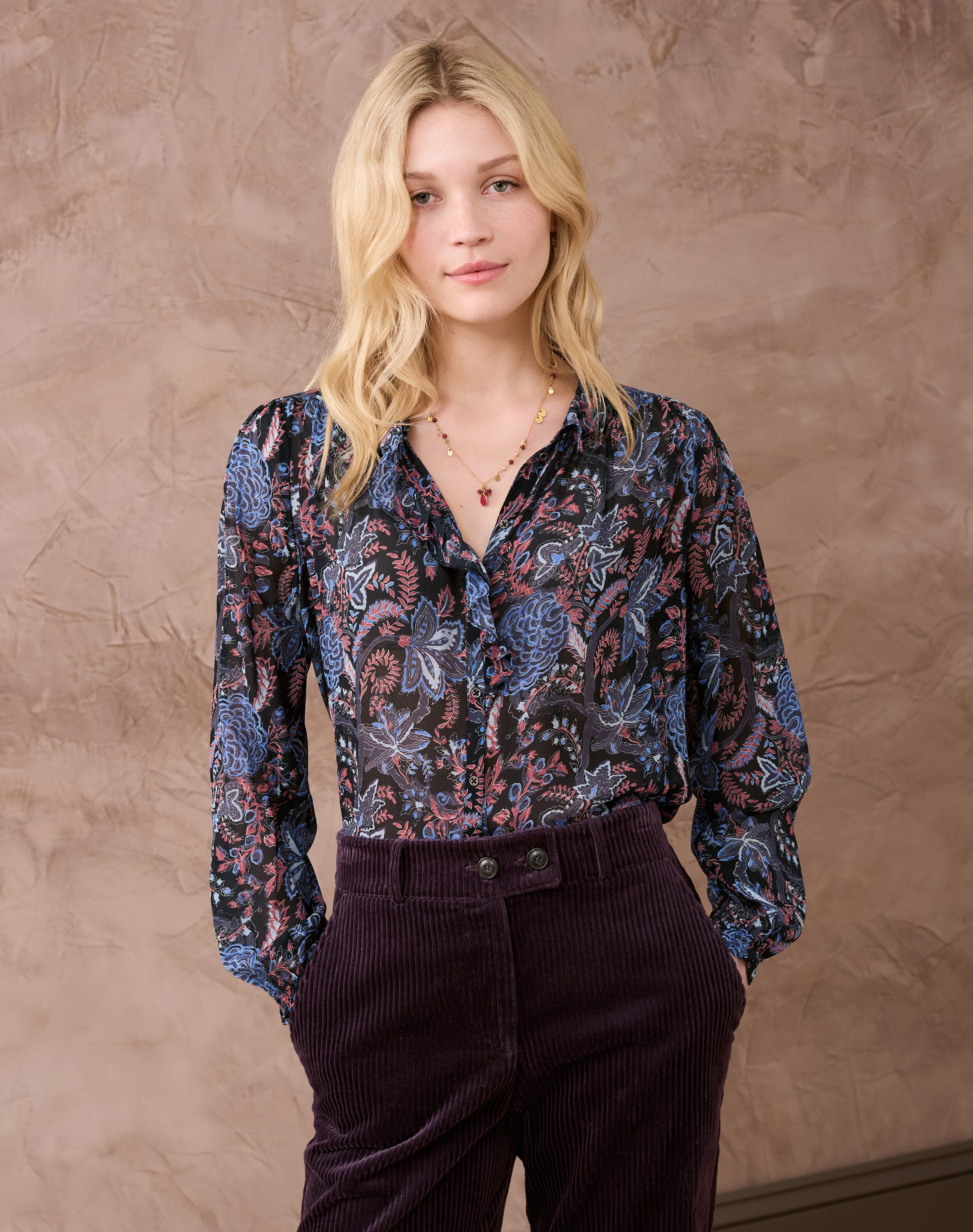 Silk Ruffle Blouse in China Blue Women's Blouses Brora Fashion