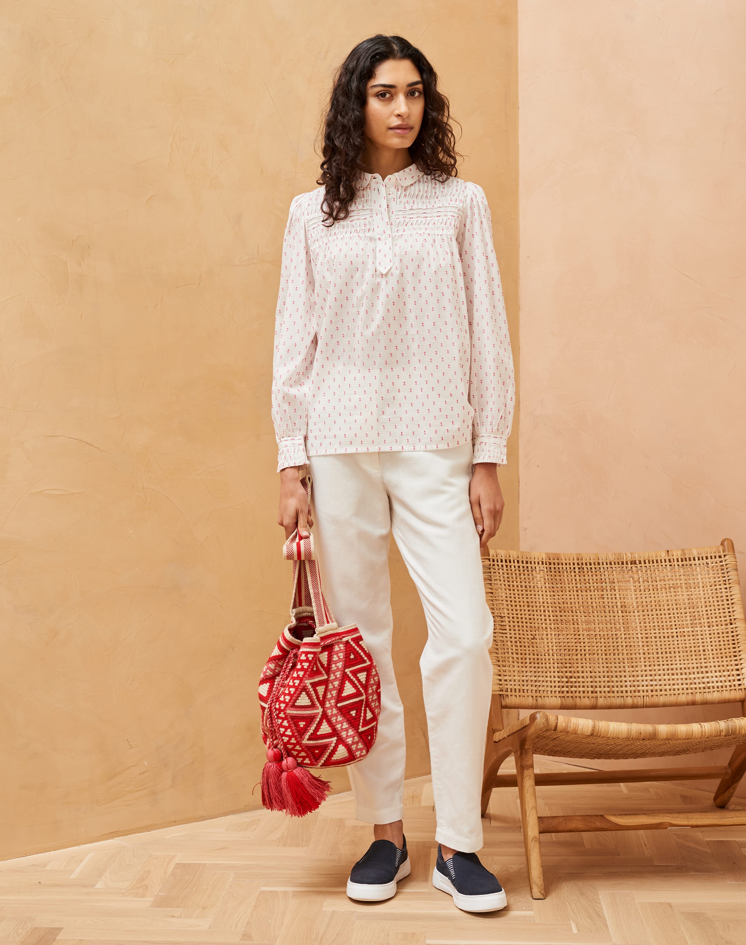 White Cotton Dobby Pleated Blouse | Women's Blouses | Brora Fashion