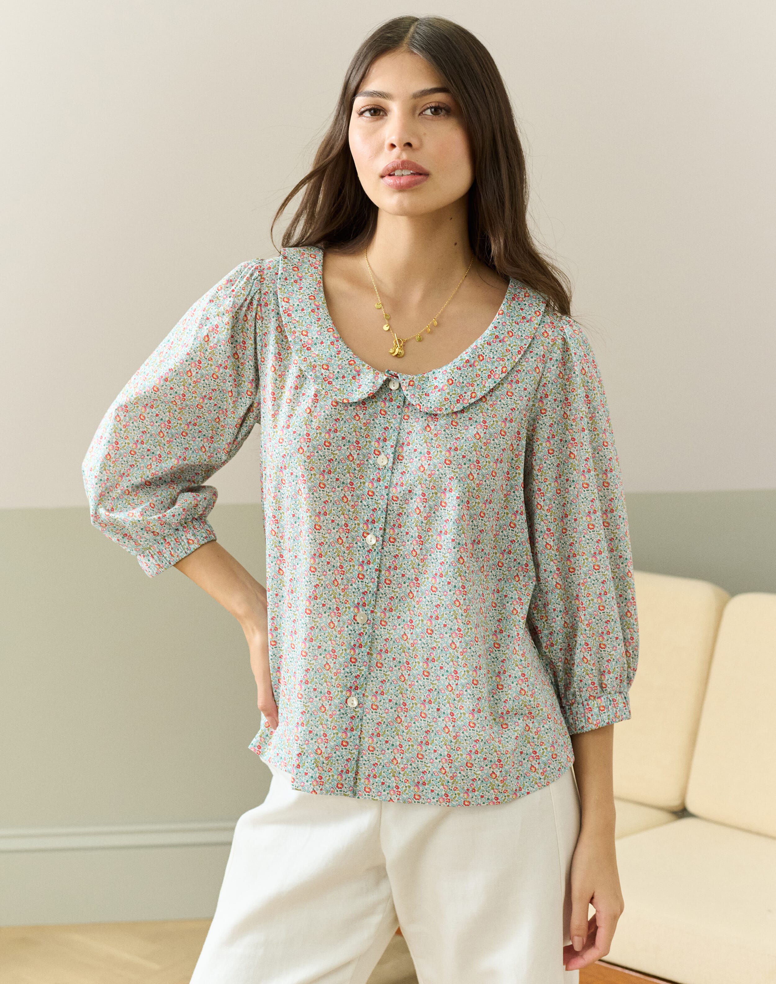 Brora Liberty Print Organic Cotton Blouse Duck egg vine