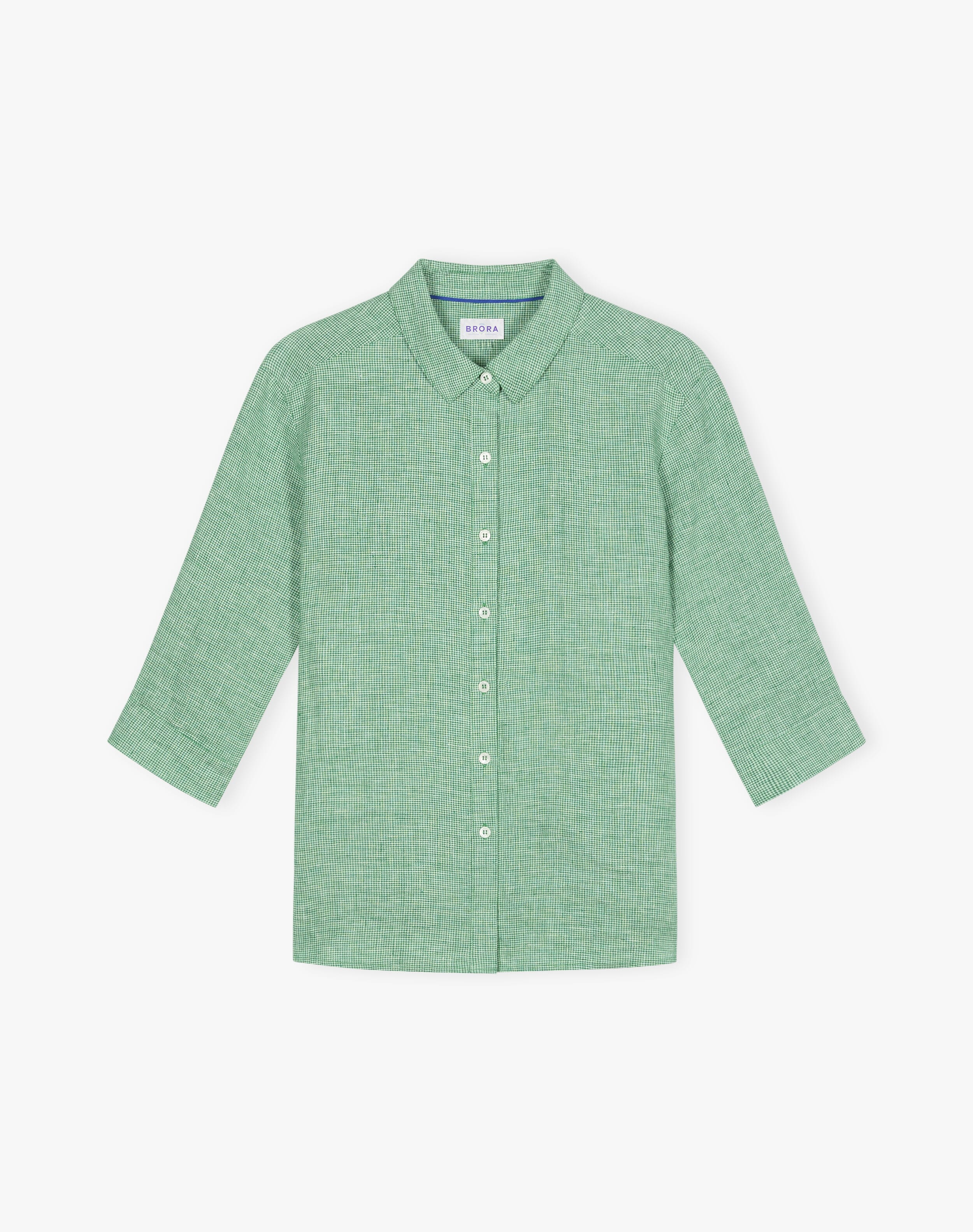Fine Houndstooth Linen Shirt in Emerald | Women's | Brora Clearance