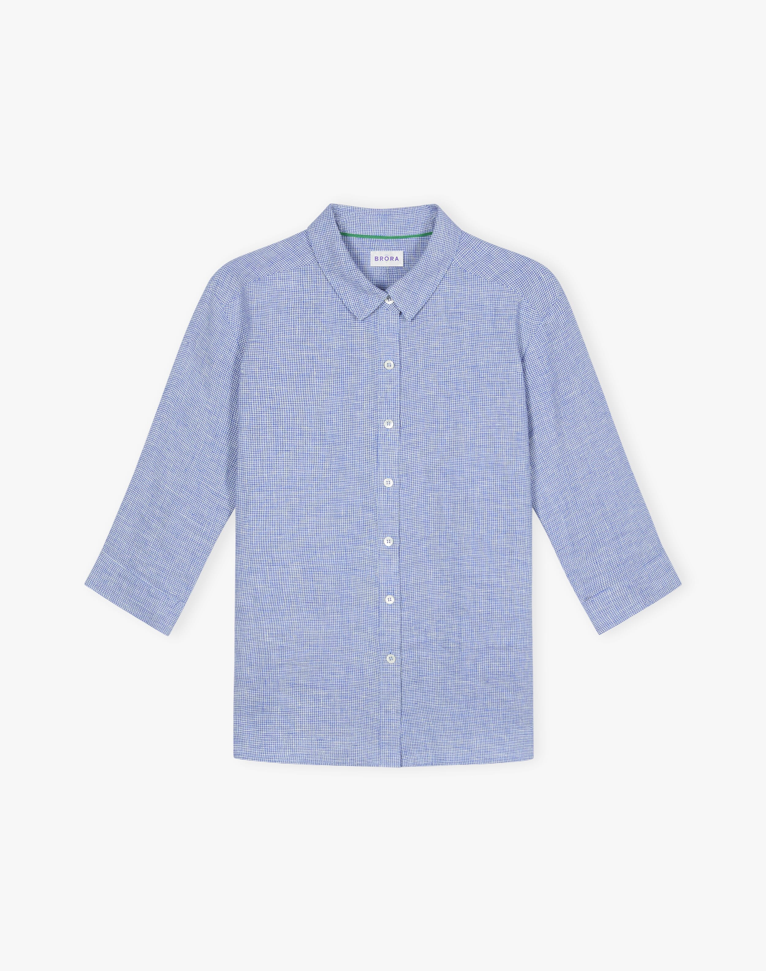 Fine Houndstooth Linen Shirt in Cobalt | Women's | Brora Clearance