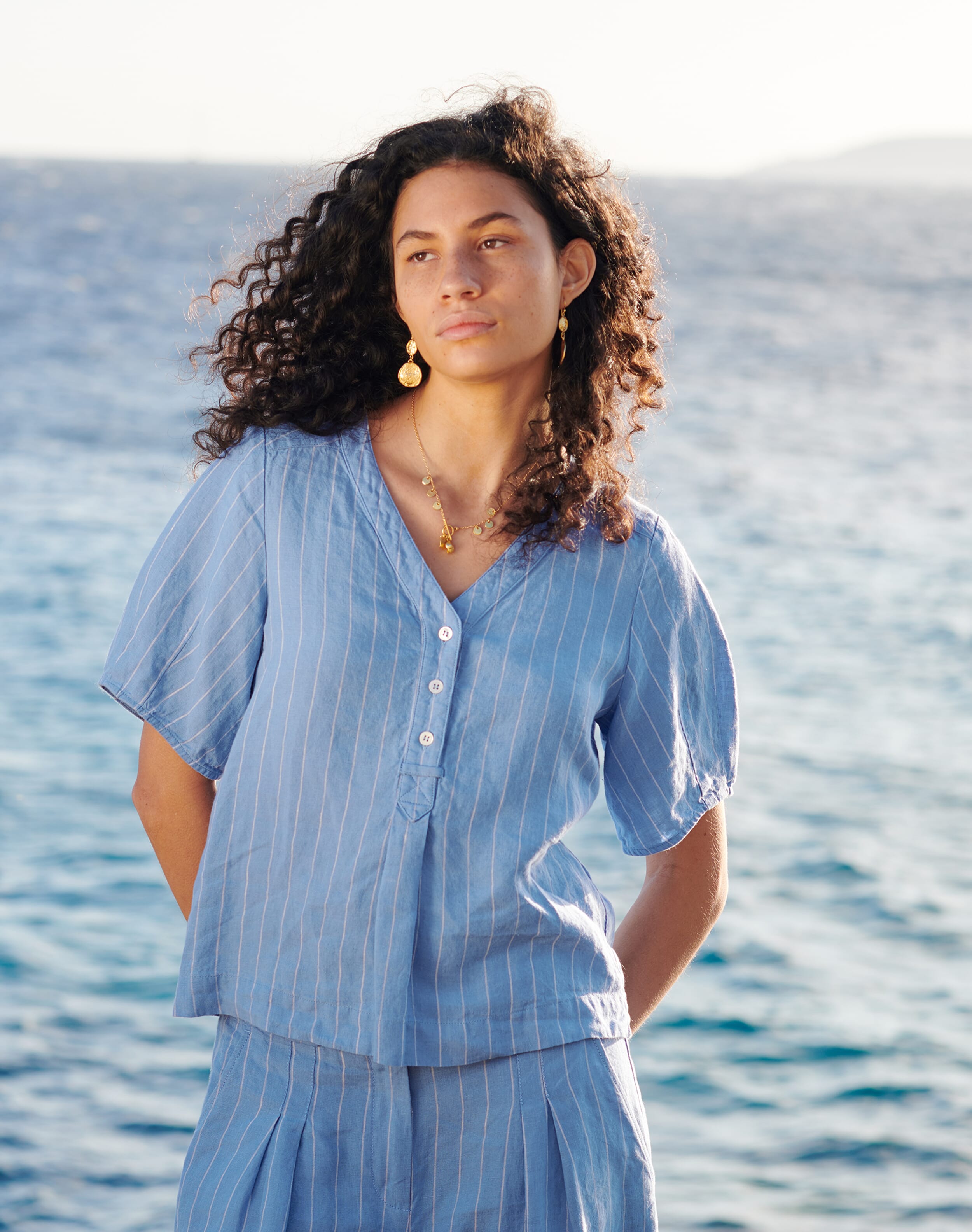 Brora Linen Stripe Blouse Cornflower
