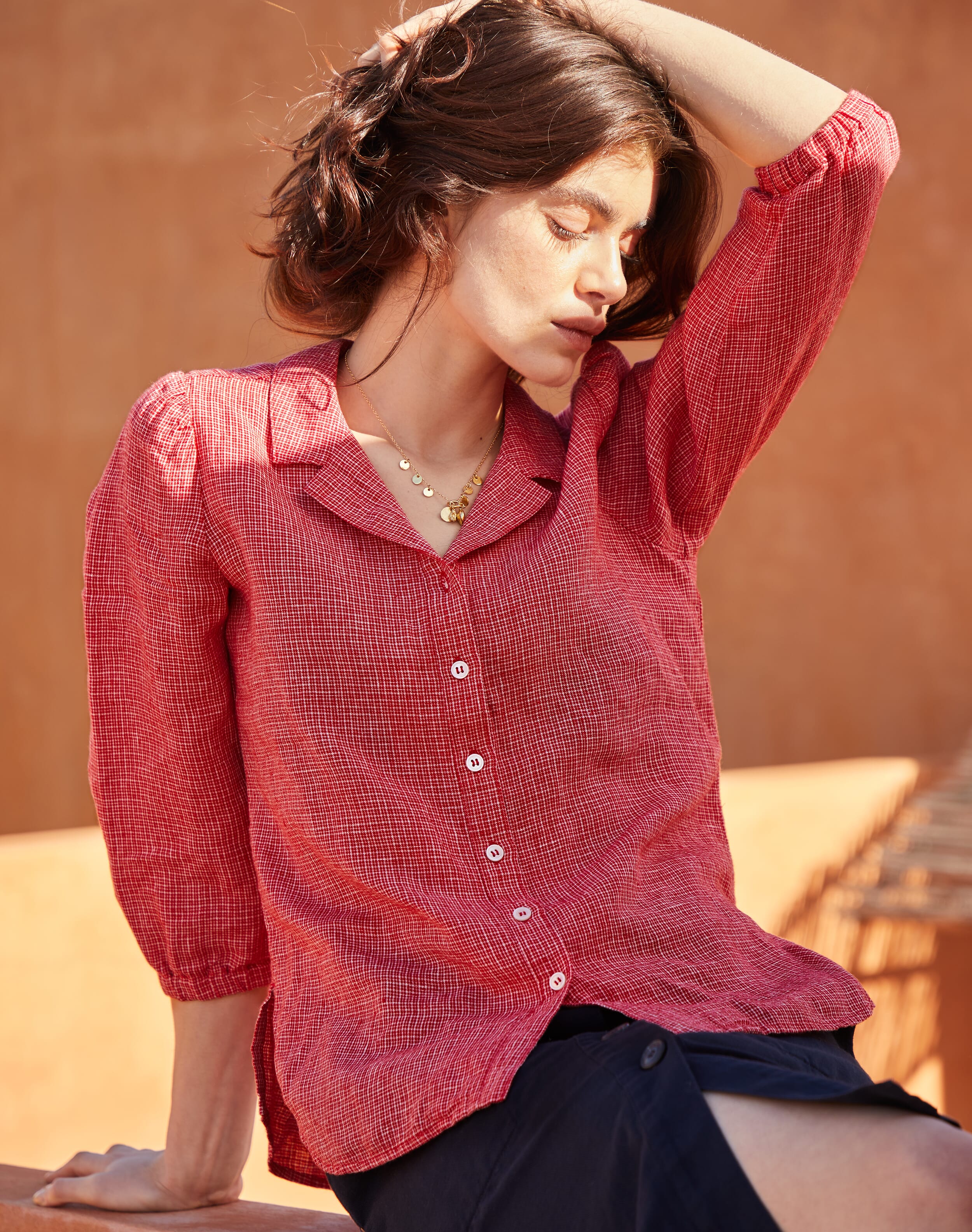 Brora Graphic Check Linen Shirt Crimson