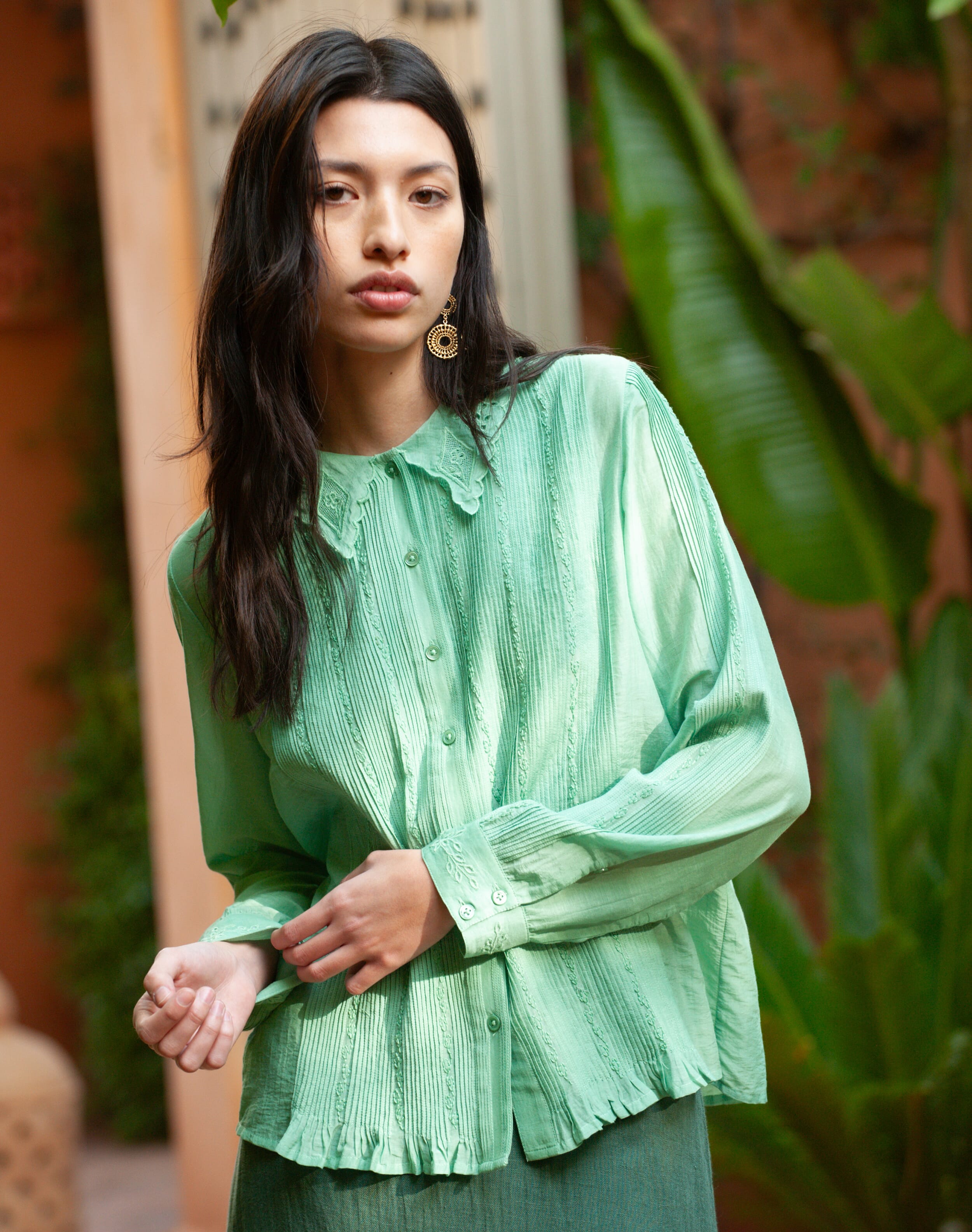 Brora Silk Cotton Embroidered Blouse Pistachio