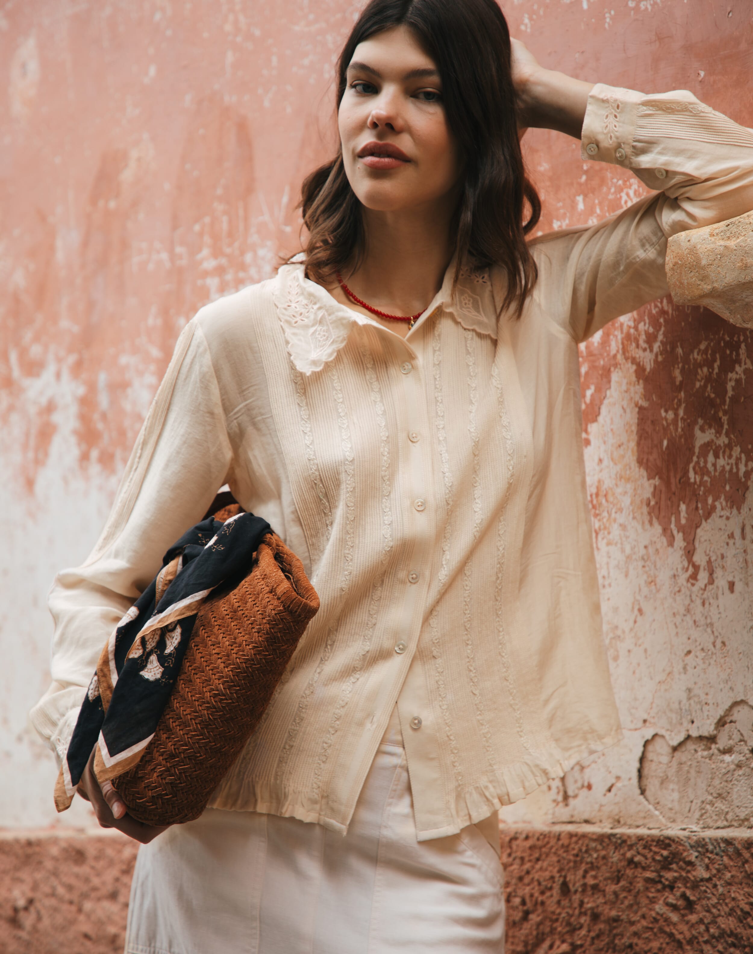 Brora Silk Cotton Embroidered Blouse Oyster  - Size: 16