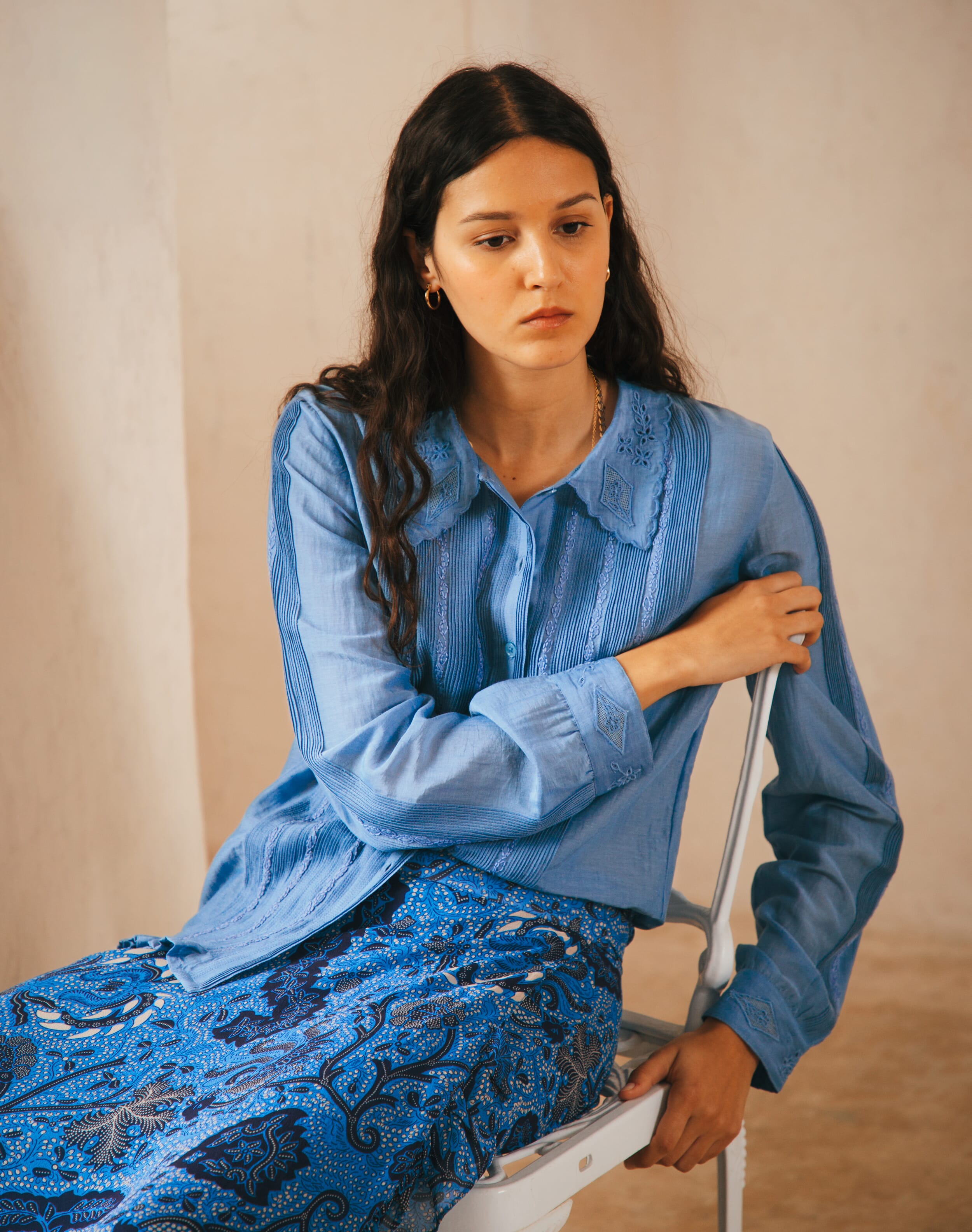 Brora Silk Cotton Embroidered Blouse China Blue  - Size: 10