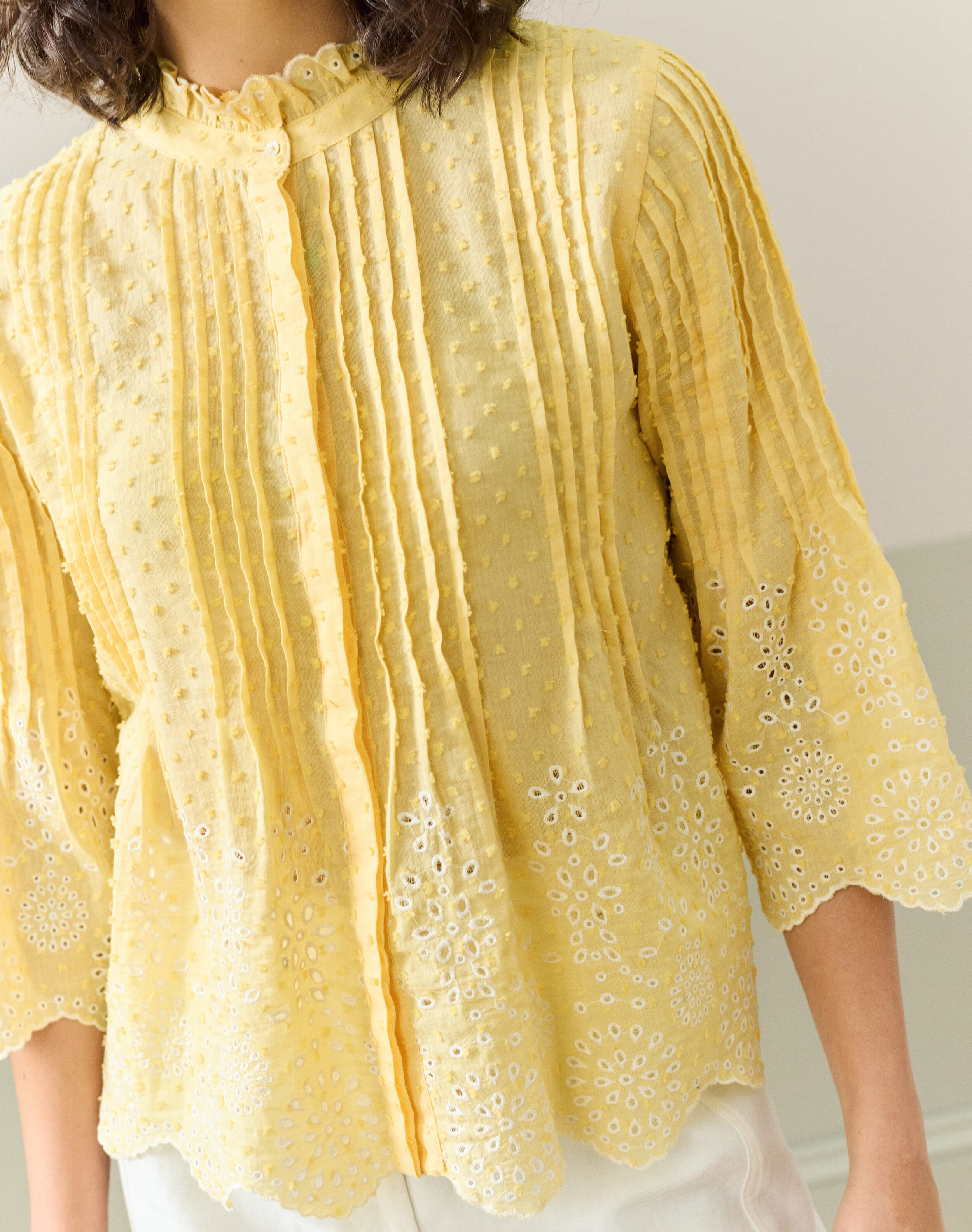 Vashti Blouse with Broderie Anglaise and Frill Detail - Bright Green, Sand