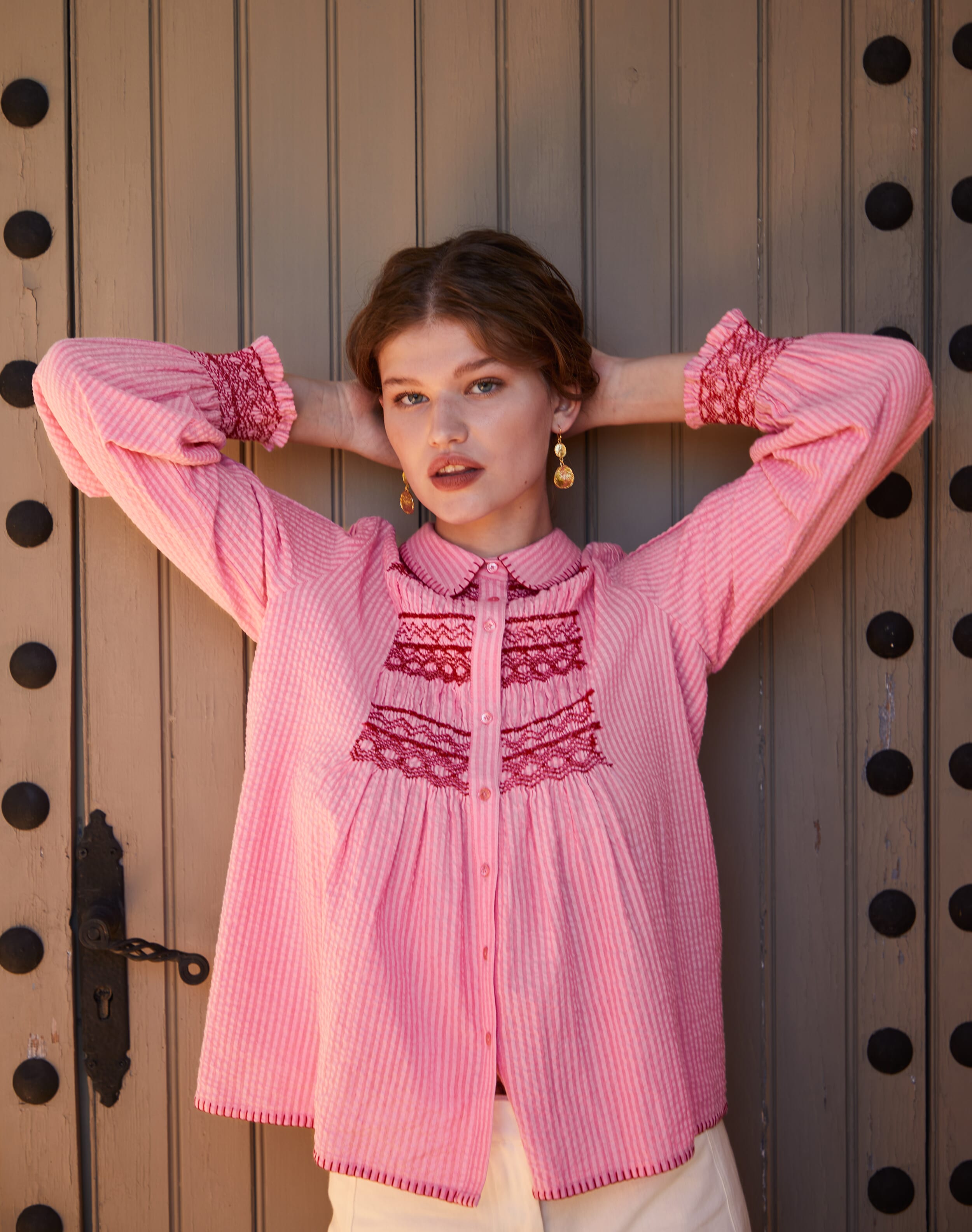 Aspiga Dobby Smocked Stripe Organic Cotton Blouse