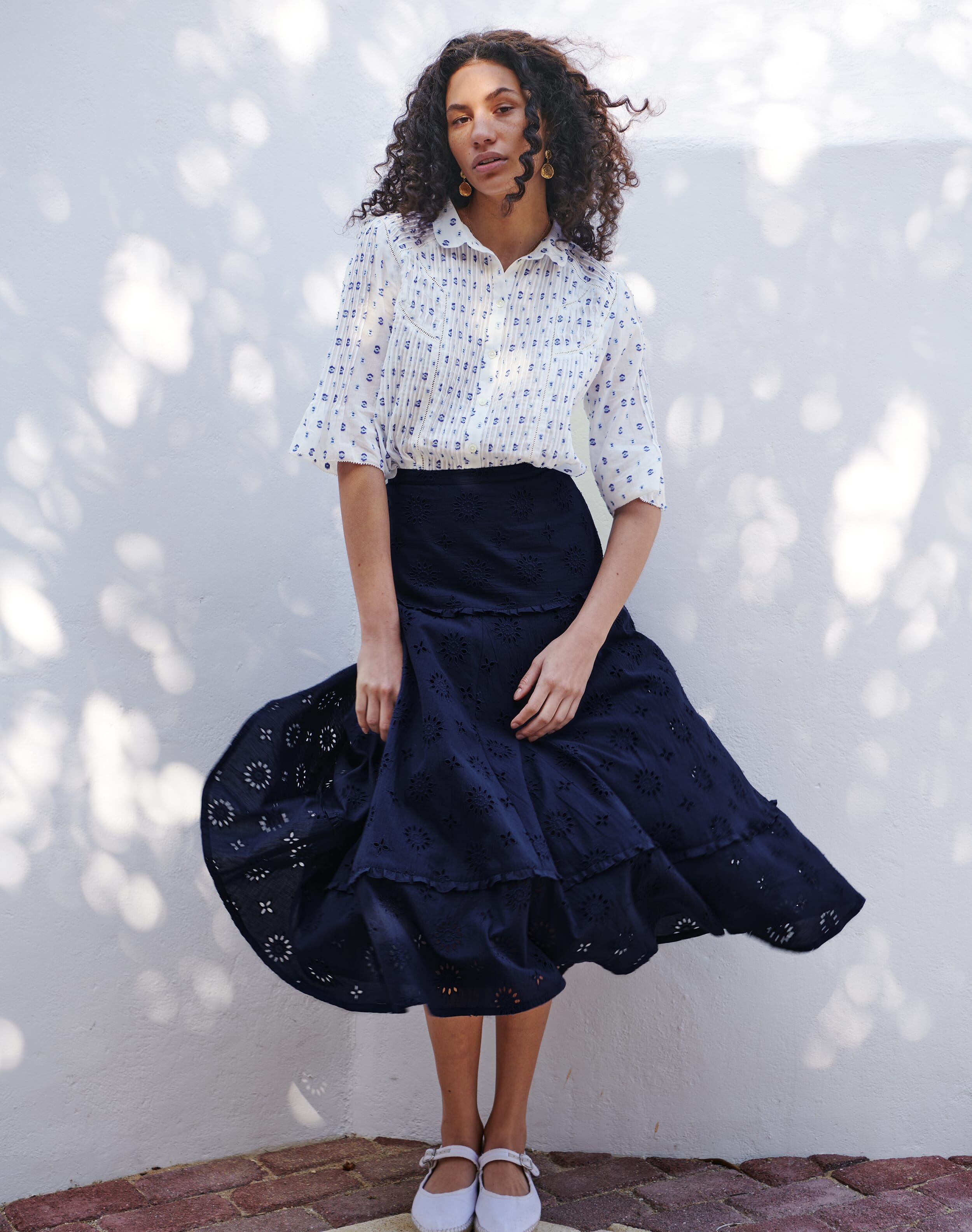 Brora Cotton Dobby Pintuck Blouse & lapis