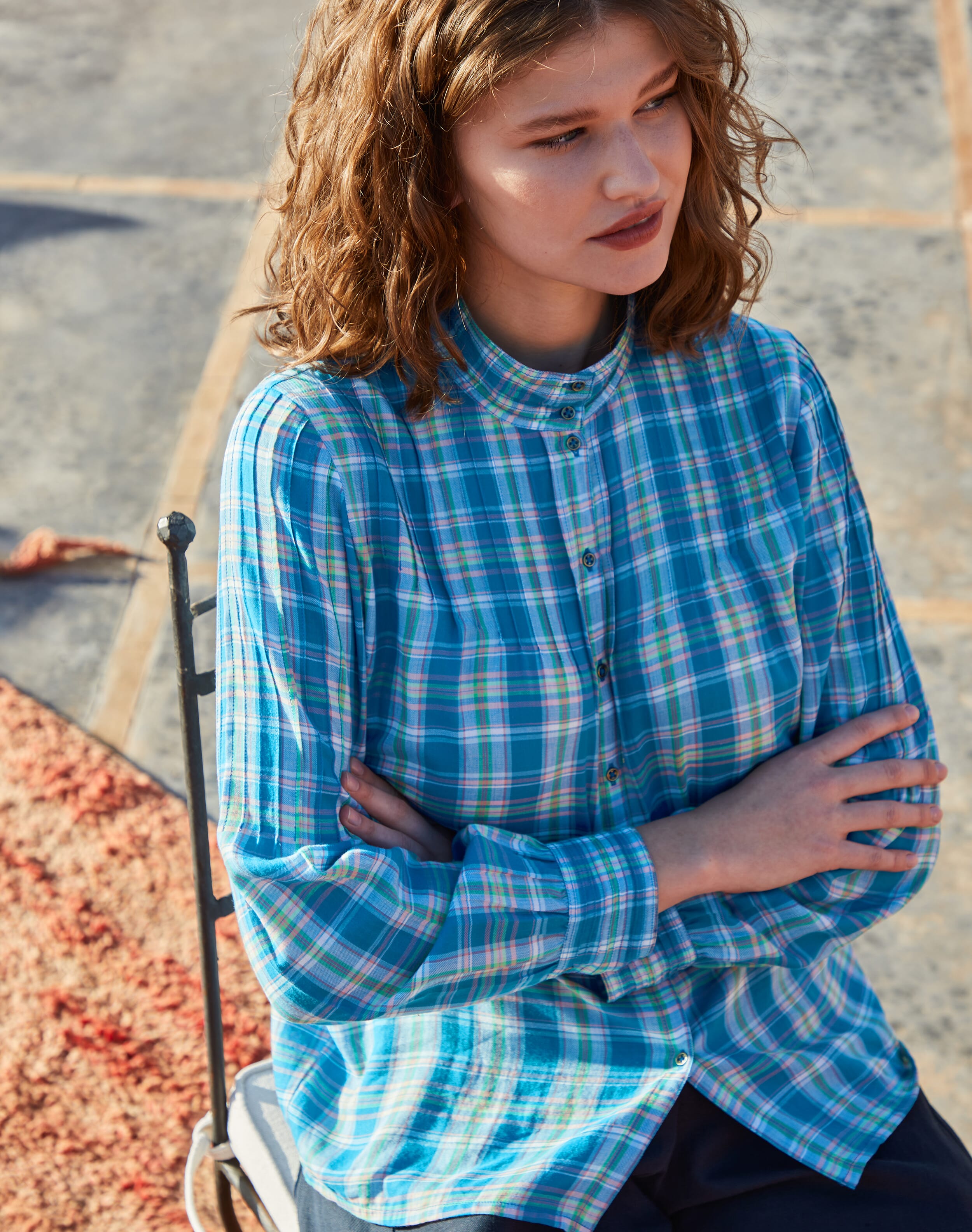 Brora Cotton Check Pintuck Shirt Sky & rose