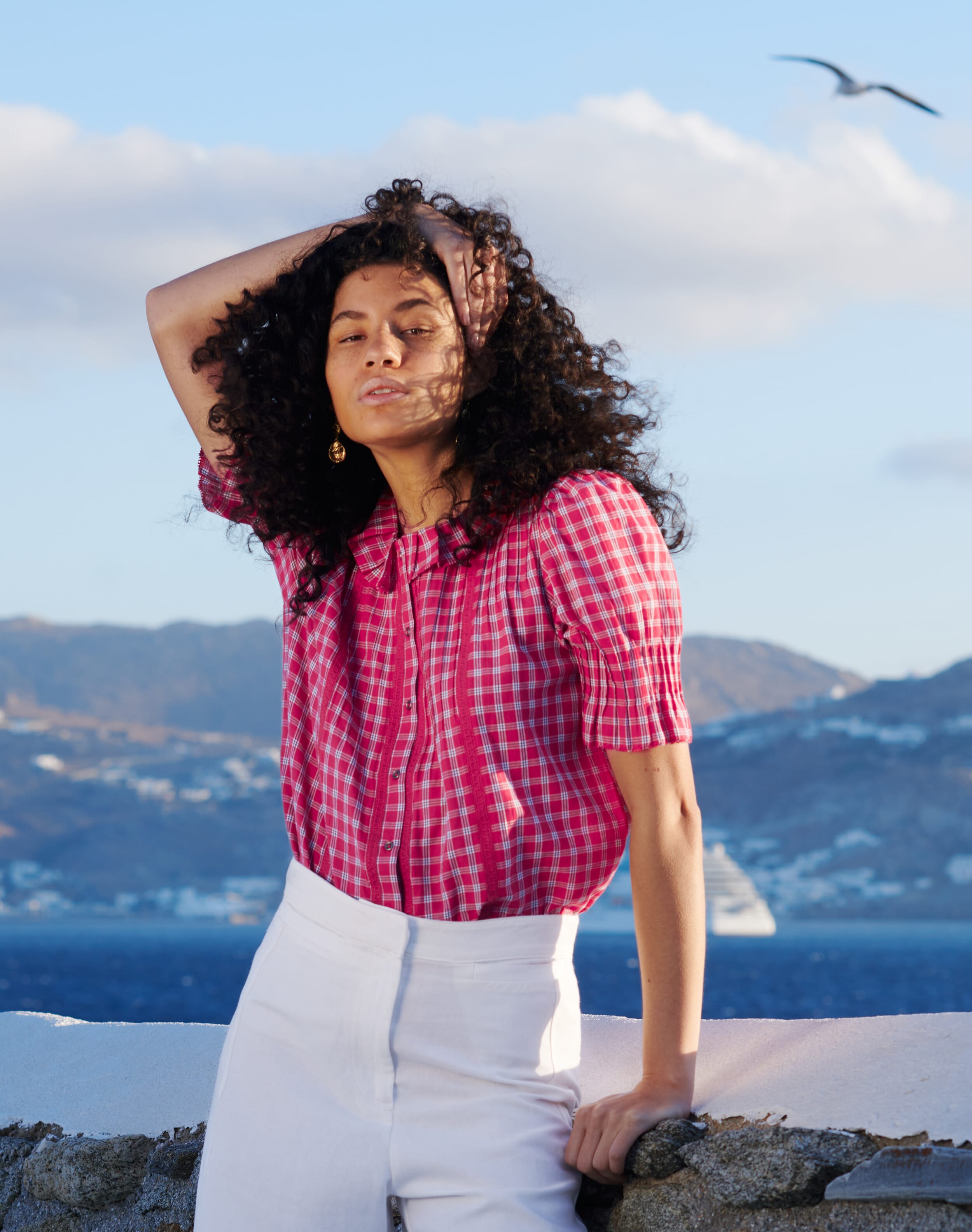 Brora Cotton Check Pintuck Blouse Raspberry